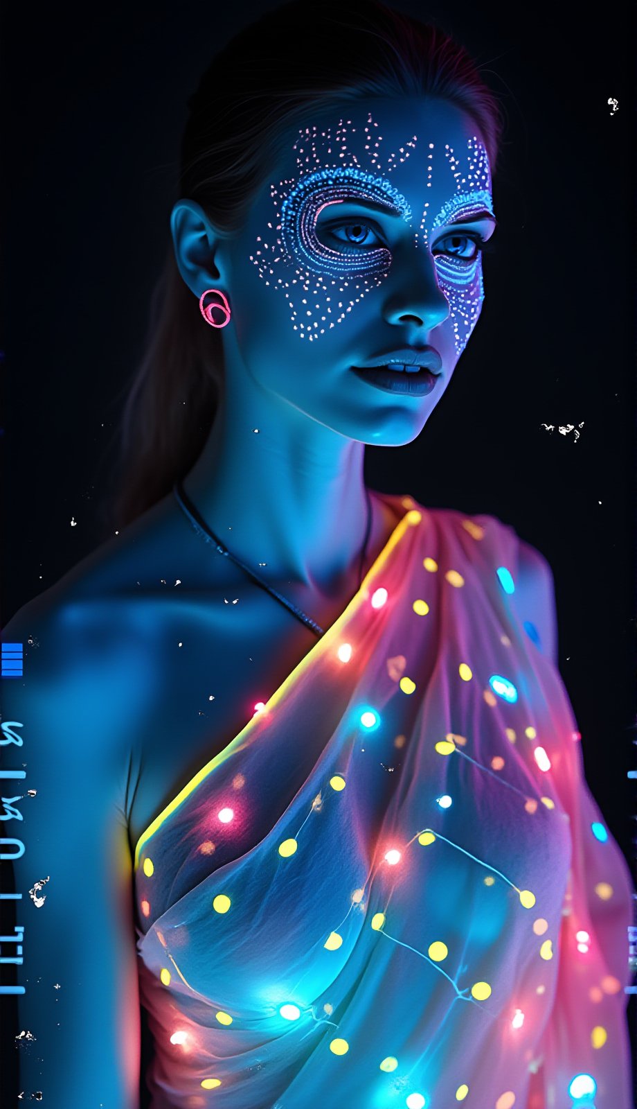 A mystical photo of an alien woman with a bioluminescent glow. Her midriff is exposed, revealing glowing skin with symmetrical neon lines that trace intricate patterns across her face and body. The skin emits a soft, otherworldly light, giving her a mesmerizing appearance. Her face is adorned with glowing dots, arranged in a symmetrical pattern that highlights her ethereal beauty.

She is wearing a neon saree that also glows with vibrant colors, blending seamlessly with the bioluminescent tones of her skin. Light particles float around her, adding to the mystical aura, while glowing spots and dots on her body create a radiant, enchanting effect. The close-up focus on her face emphasizes her luminous features, with every detail of the glowing patterns and lines captured in stunning detail.
