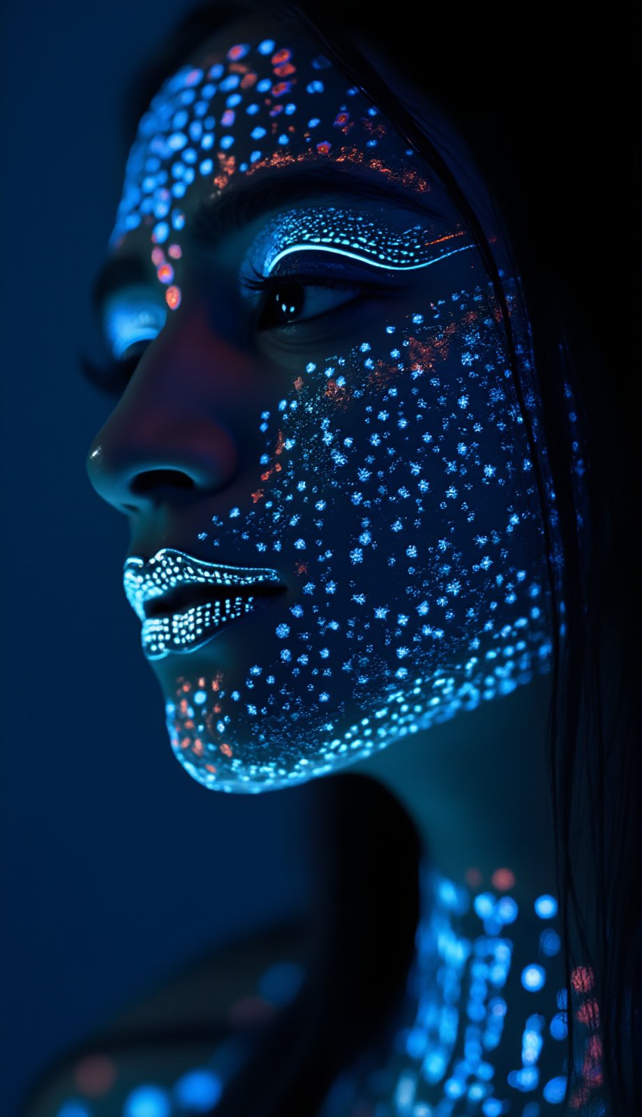 Alien species:1.2, non human , Symmetrycal neon line on face and body, Face close up, Photo of a mystical fantasy bioluminescent neon woman, glowing dots on face, glowing neon saree ,Light particles Glowing skin spot,Glowing dots on body