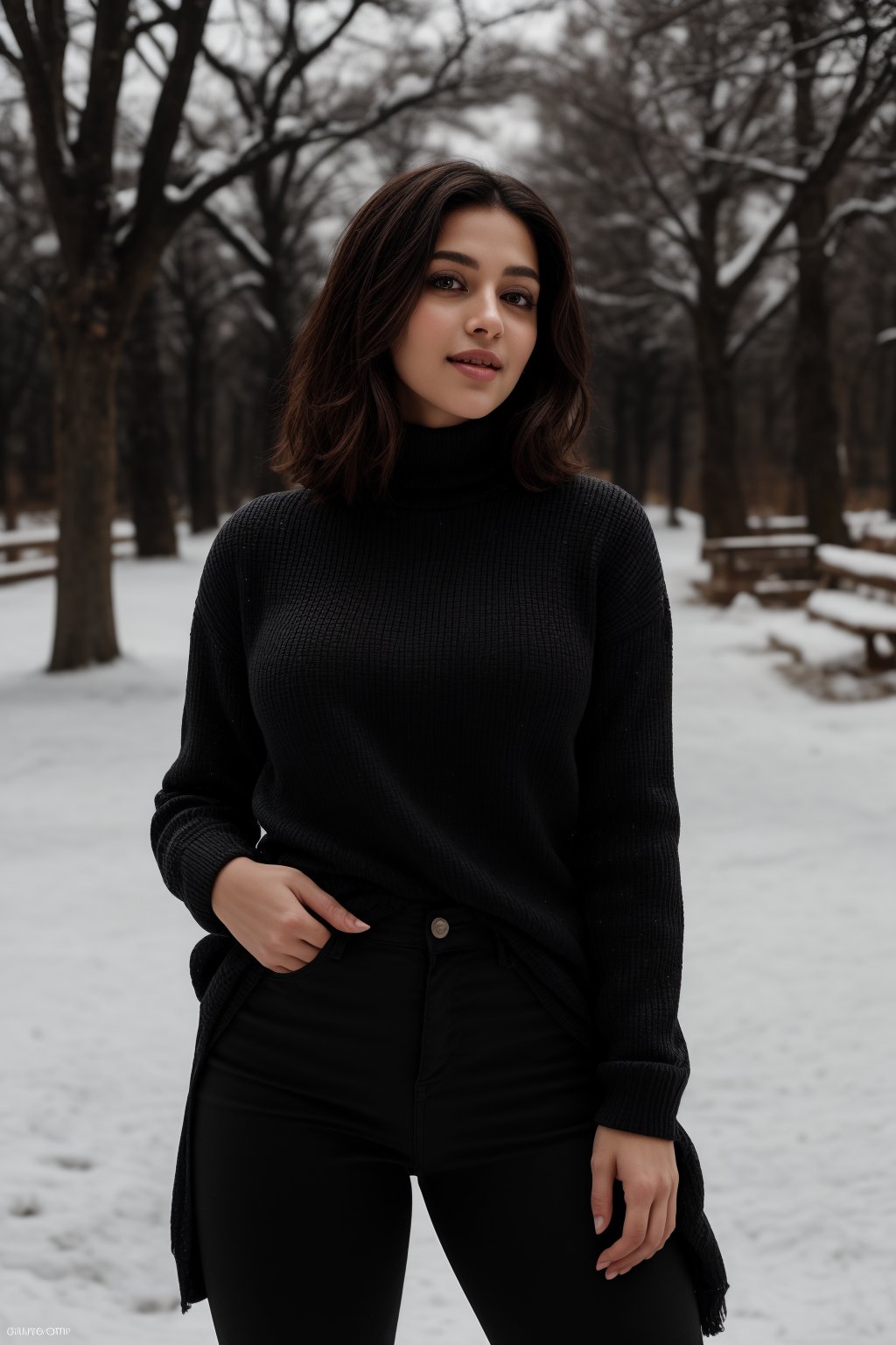 Here is a prompt that combines the inputs:

Editorial medium full body shot portrait of a breathtaking winter fashion model posing in a snow-covered park at dusk. The camera captures a hyper-realistic image with lifelike skin texture and exquisite details. The model, with her shapely figure and flirty smile, wears a vibrant yellow blouse that pops against the crisp white blanket of snow and sleek black jeans. She strikes an elegant pose amidst snow- Laden trees and frozen flower beds, her breath visible in the chilly air. The fading winter light casts a subtle Rembrandt lighting effect, with warm tones and soft shadows. The background features intricate details and textures, creating a stunning contrast with the model's warmth and radiance. Extremely detailed ultra-high-quality RAW image with cinematic composition, capturing every aspect of this masterpiece.