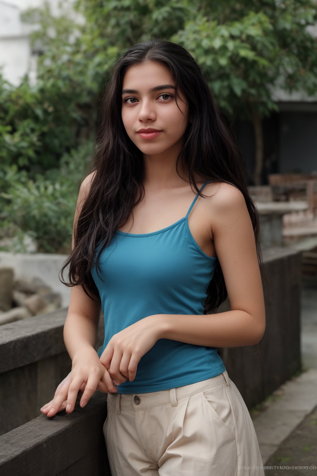 A stunning young woman poses confidently in a bright, sunlit room. She wears an ACMM SS outfit with a striking blue top adorned with intricate designs. The camera frames her from the chest up, highlighting her radiant smile and sparkling eyes. Soft, golden light illuminates her face, while the surrounding space is subtly blurred to emphasize her beauty.