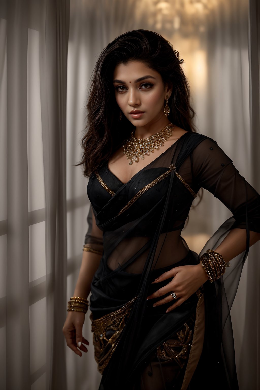 A stunning young woman with long, dark hair, gazes directly at the viewer with piercing black eyes. She wears a elegant dress adorned with intricate jewelry, including earrings that catch the light, a necklace that sparkles like diamonds, and a bracelet that wraps around her wrist, showcasing traditional ornaments in black gold and diamond settings. Her body is covered in an array of ornaments, adding to her regal and mysterious aura as she stands proudly, her beauty on full display.