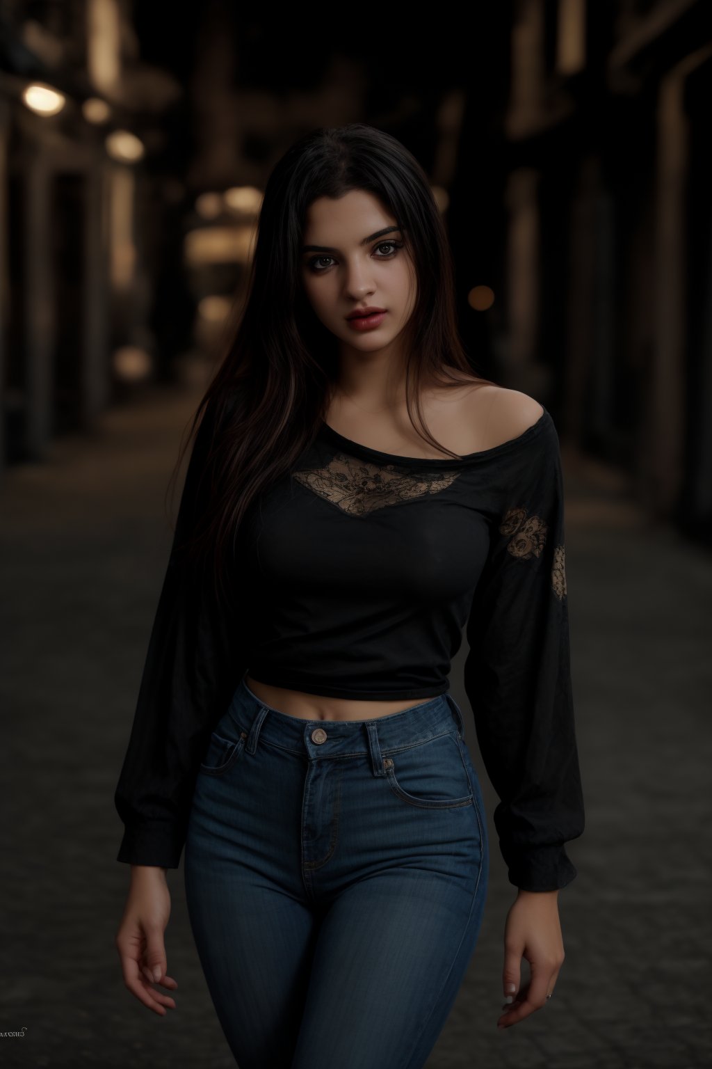 pretty 1girl, long straight black hair, wearing denim cover all fashion, super high quality, real images, lifelike, real skin, soft lighting, Cinematic, (Surrealism: 1.2), (8K UHD: 1.2), (Photorealism: 1.2), Shot with medium format camera, Professional camera, Perfectly Delicate and Rich in Detail, (masterpiece, top quality, best quality, official art, beautiful and aesthetic:1.2), (((1girl))), dynamic pose, extreme detailed,Big bearsts,Curvy plump women:1,  

 (RAW photo, best quality), (realistic, photo-Realistic:1.1), best quality, masterpiece, beautiful and aesthetic, 16K, (HDR:1.2), high contrast, (vibrant color:1.3), (muted colors, dim colors, soothing tones:0), cinematic lighting, ambient lighting, sidelighting, Exquisite details and textures, cinematic shot, Warm tone, (Bright and intense:1.1), wide shot, by xm887, ultra realistic illustration, siena natural ratio,	head to thigh portrait,	long Wave hair, 