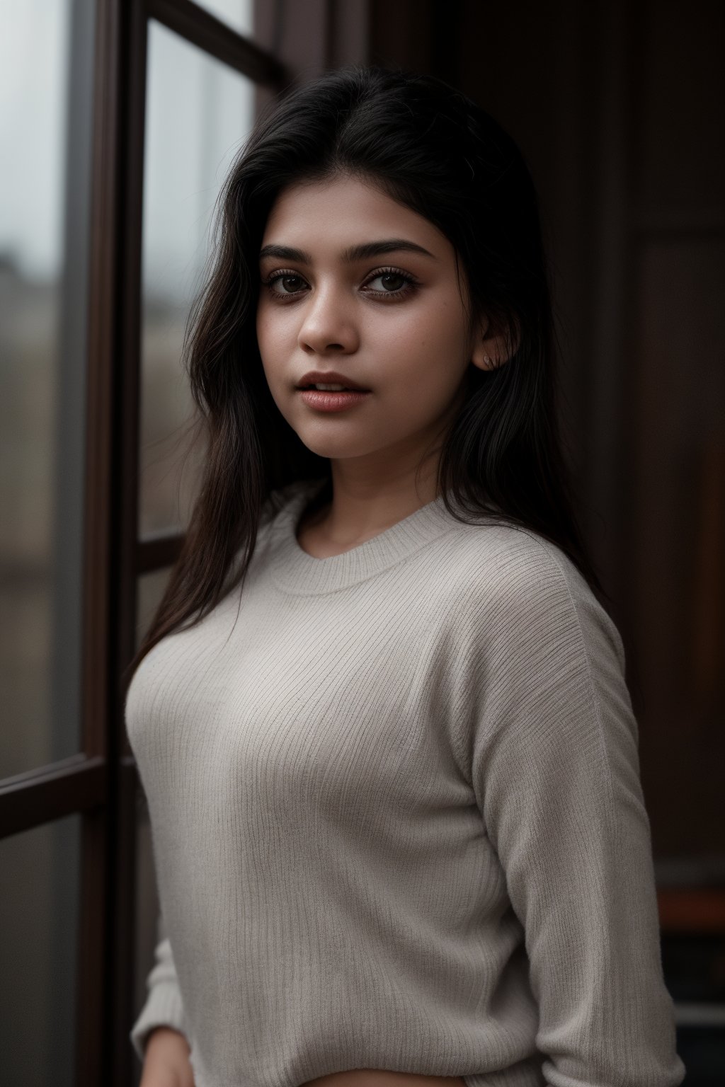 A serene portrait of a young girl with striking features. The shot is framed against a neutral background, allowing her to take center stage. Her long, raven-black hair cascades down her back in two delicate twin braids, which perfectly complement her piercing black eyes. A soft, cozy sweater adorns her torso, adding a touch of warmth to the overall mood. Her lips are painted with a subtle shade that adds a hint of sweetness to her enigmatic expression. The lighting is gentle and natural, casting a flattering glow on her porcelain skin.