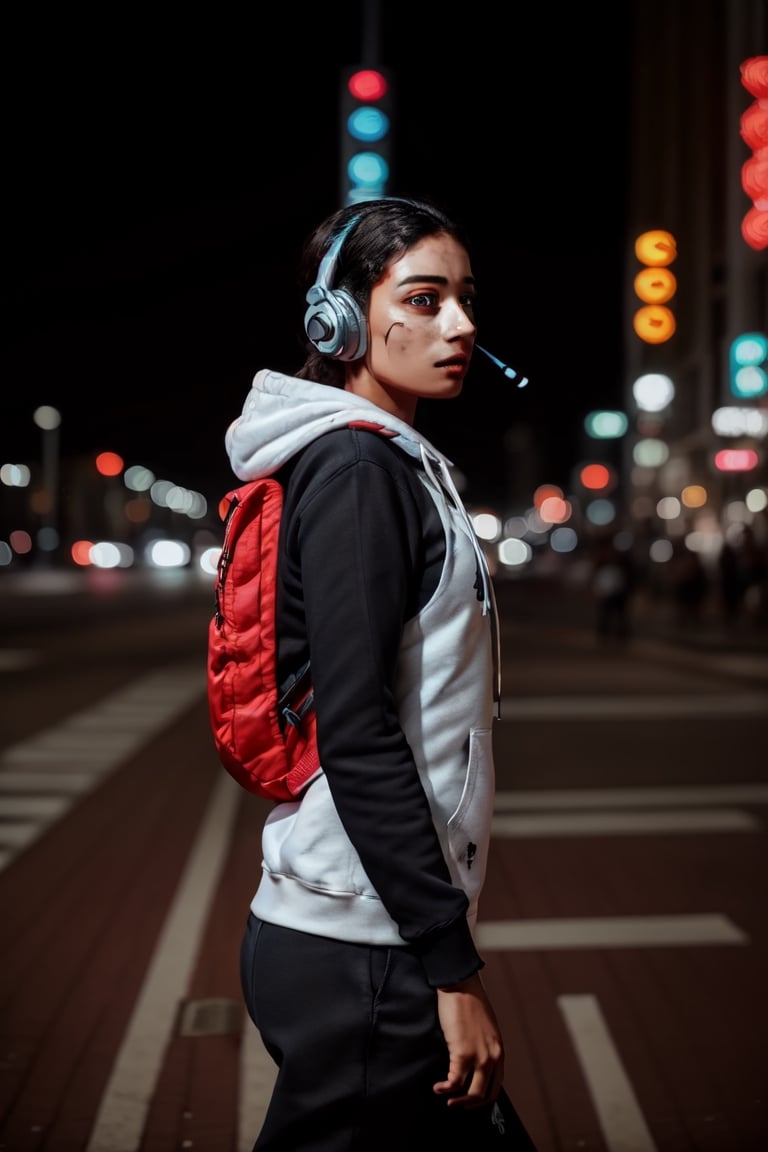 Dreampolis, hyper-detailed digital illustration, cyberpunk, single girl with techsuite hoodie and headphones in the street, neon lights, lighting bar, city, cyberpunk city, film still, backpack, in megapolis, pro-lighting, high-res, masterpiece,photorealistic,22yo girl 