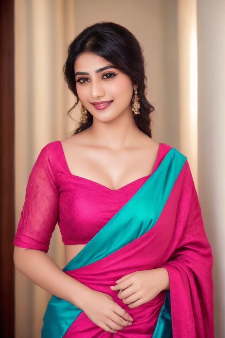 A stunning Indian young girl 21 years old, stands elegantly in her saree, ready to tie the knot. Soft golden light wraps around her, illuminating the intricate embroidery on the fabric. She poses confidently, her hands clasped together in a subtle smile. The vibrant colors of the saree pop against the serene white background, framing her beautiful features. A delicate necklace adorns her neck, adding a touch of sophistication to her already radiant beauty.