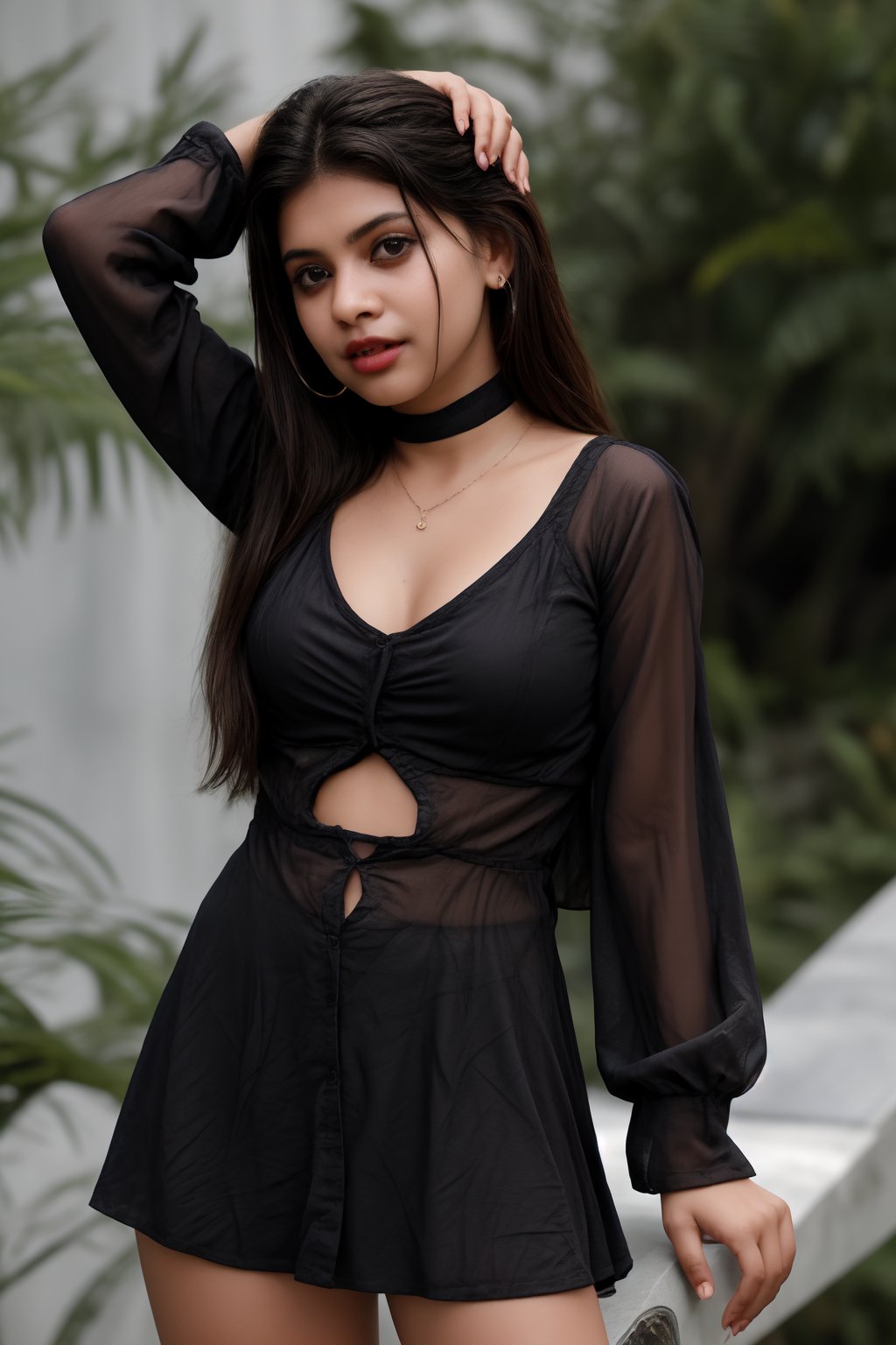 A sultry Mallu girl, 18 years old, with striking twin tails and long hair, gazes directly at the viewer. Her outfit features a modern dress with a heart-shaped cleavage cutout, a full-sleeve shirt, and short trousers. Her upper body is the focal point, with navel exposed. A delicate necklace adorns her neck, complemented by hoop earrings. Red-framed specs add a pop of color to her striking black eyes and luscious lips. The night background sets the tone for this captivating scene, where her dress's heart cutout cleavage takes center stage.