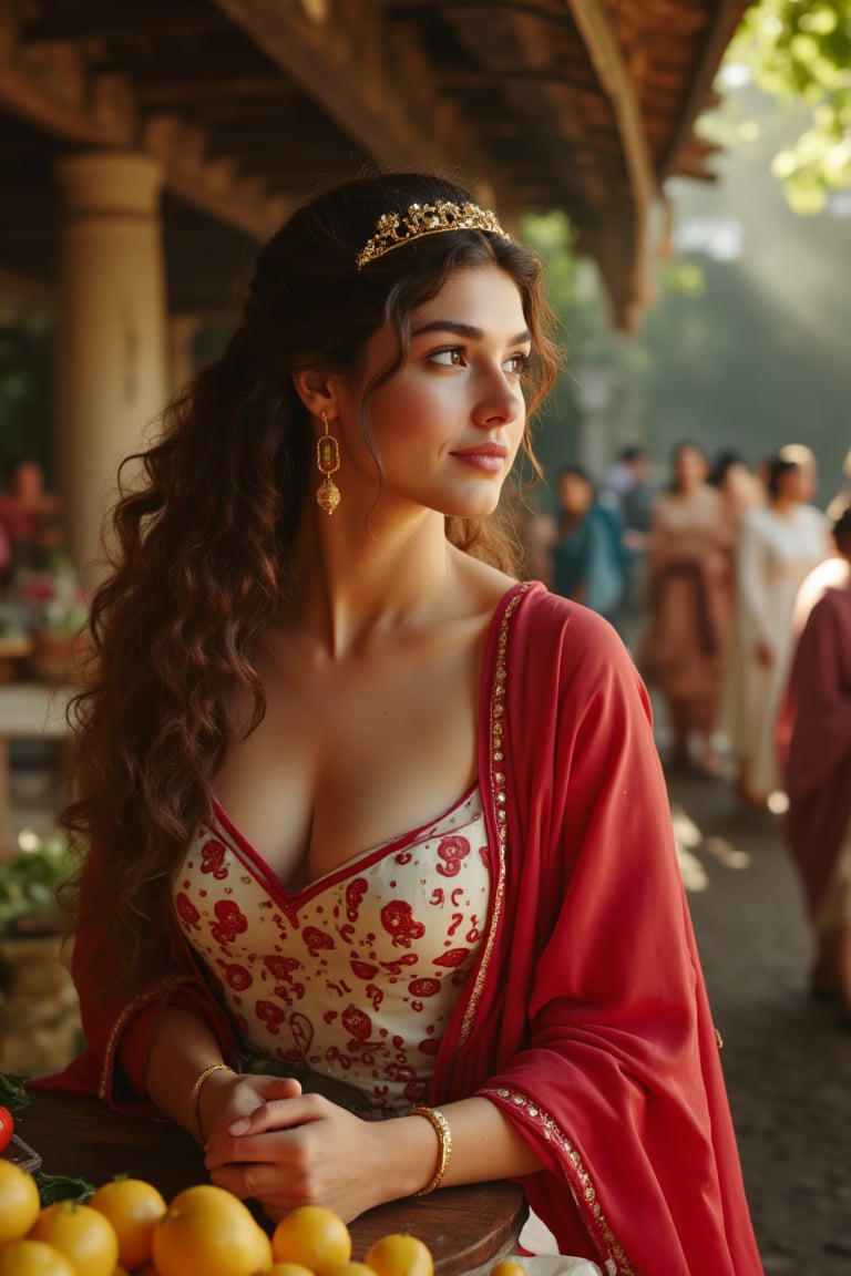 Stunning 8K CG masterpiece captures the essence of the bustling streets of ancient Rome. In the sun, in the light and shadow, a very beautiful woman with fair skin, long flowing hair as soft as silk, and exquisite, luxurious, and precious clothing poses in an authentic street stall. Her delicate face, smart eyes, long and thick eyelashes, and delicate nose are all displayed in detail. Her earrings, bracelets, gold bracelets, and rings seem to have come out of an art museum. Natural light gives her a beautiful glow, making her look even more beautiful. A delicate hand holds the vendor's goods, and her eyes seem to contain the secrets of this ancient city. Shadows dance precisely across the scene, adding depth and dimension to this ultra-detailed, realistic illustration.,16yo,Cinematic ,Realistic.,RAW 

The image is captured using a Fujifilm cinematic camera, with dramatic cinematic lighting enhancing the deep shadows and bright highlights. The scene is shot with a wide aperture, creating a shallow depth of field that blurs the forest background, making her the clear focal point. The camera angle is low, looking slightly upwards to give her an empowering, larger-than-life presence. The textures of the costume and her skin are rendered in high definition, with the soft, natural lighting adding a dreamlike quality to the image.,Midjourney_Whisper,Traditional 