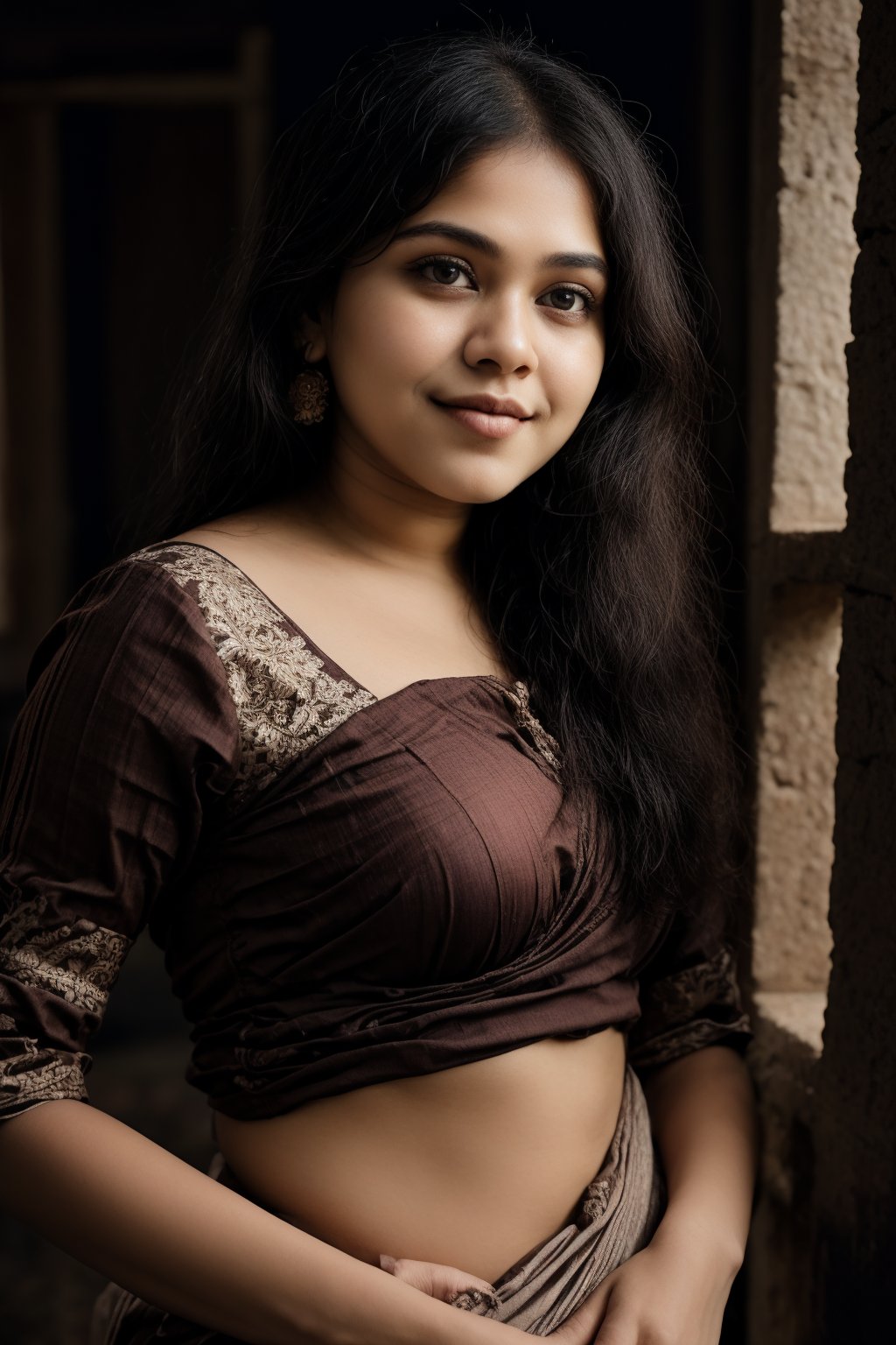 A beautiful Indian woman wearing a traditional saree, draped in a style that reveals her midriff and navel. The saree is richly colored and adorned with intricate patterns and embroidery, with a matching blouse (choli) that has short sleeves and a deep neckline. The pallu of the saree is gracefully draped over her shoulder, falling softly to one side, while her navel is tastefully visible where the saree is wrapped around her waist. She is adorned with traditional jewelry, including a maang tikka, jhumka earrings, a nose ring, bangles, and anklets. Her skin has a warm tone, and her long, dark hair is styled either in a loose braid or cascading waves. The setting is softly lit, focusing on her elegant pose and the cultural richness of her attire, with warm, natural lighting that enhances the details of the fabric and her jewelry.

cinematic angle, (cinematic shadows, bokeh, depth of field:1.3) , (High detail RAW Photo), (extremely detailed skin, photorealistic, heavy shadow, dramatic and cinematic lighting, key light, fill light), sharp focus, cinematic, imperfect skin, fabrics, textures, detailed face, detailed skin, detailed fingers, NaturalHand2-3500, analog film photo Deep photo,depth of field,ferrania p30 film,shadows, perfect face and body, dimly lit, nervous, harsh camera flash, faded film, desaturated, 35mm photo, grainy, Kodachrome, Lomography, stained, highly detailed, found footage,, (black hair,
A flapper girl stands poised in a smokey atmosphere, bathed in ethereal light that accentuates her stunning features. Her fair skin glows under cinematic lighting, as she gazes directly into the camera with perfect eyes and a beautiful nose. Her Drill Spring-inspired hairstyle is perfectly coiffed, framing her face, background intricate details and complex patterns that seem to leap off the screen in hyper-maximalist fashion.  with detailed decoration and lines that exude opulence. In stunning HDR and UHD, this unreal engine creation pops with gorgeous light and shadow., matrix 