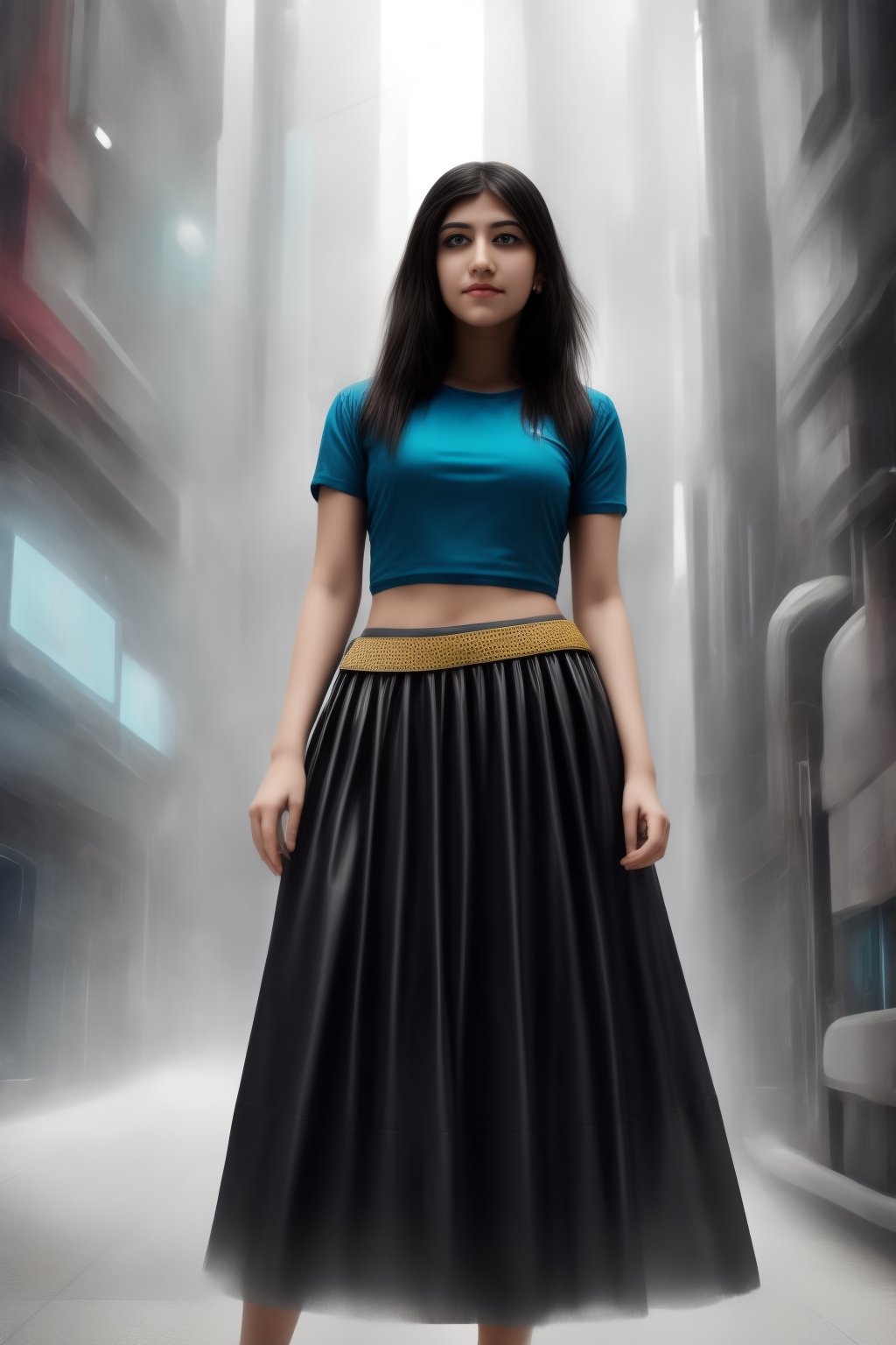 1girl, solo, long hair, breasts, blue eyes, skirt, shirt, black hair, holding, jewelry, standing, short sleeves, earrings, parted lips, lips, see-through, white skirt, science fiction, realistic, nose, cyberpunk