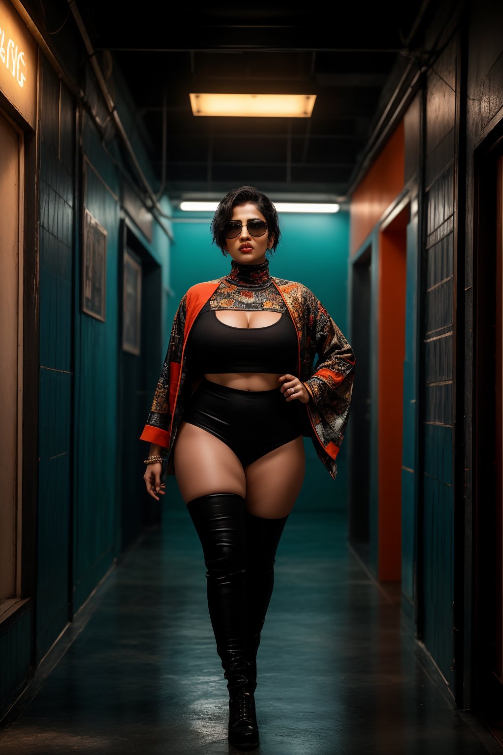 A stylish Mallu girl with a curvy, sexy figure poses confidently in a modern, non-traditional outfit adorned with traditional ornaments. She wears oversized, colorful sunglasses and a bold, patterned turtleneck that stands out against a teal and orange background, graded with cinematic color tones. The scene captures a complex, action-oriented pose reminiscent of cyberpunk themes from Blade Runner and The Matrix, set in a highly stylized, photorealistic CGI environment. The abstract, textured background adds a pop art flair with bold, vibrant colors, enhancing the modern, high-quality 32K masterpiece. Studio lighting accentuates every detail, bringing a mix of traditional elements and futuristic vibes together in this dynamic composition