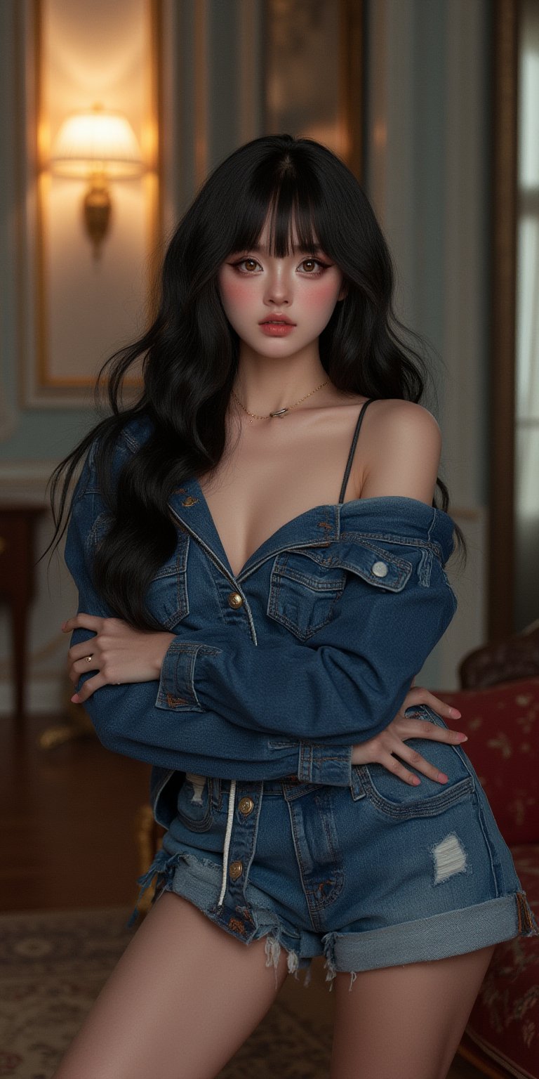 pretty 1girl, long straight black hair, wearing denim cover all fashion, super high quality, real images, lifelike, real skin, soft lighting, Cinematic, (Surrealism: 1.2), (8K UHD: 1.2), (Photorealism: 1.2), Shot with medium format camera, Professional camera, Perfectly Delicate and Rich in Detail, (masterpiece, top quality, best quality, official art, beautiful and aesthetic:1.2), (((1girl))), dynamic pose, extreme detailed,Big bearsts,Curvy plump women:1,  

 (RAW photo, best quality), (realistic, photo-Realistic:1.1), best quality, masterpiece, beautiful and aesthetic, 16K, (HDR:1.2), high contrast, (vibrant color:1.3), (muted colors, dim colors, soothing tones:0), cinematic lighting, ambient lighting, sidelighting, Exquisite details and textures, cinematic shot, Warm tone, (Bright and intense:1.1), wide shot, by xm887, ultra realistic illustration, siena natural ratio,	head to thigh portrait,	long Wave hair, 