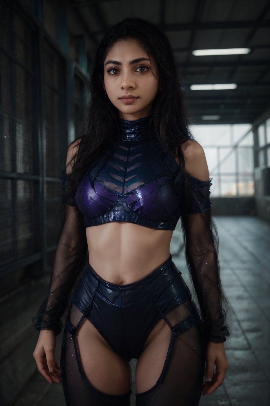 (best quality, 4k, 8k, highres, masterpiece:1.2), ultra-detaile, gears, transparent body, mechanical details, glowing eyes, reflective surface, subtle reflections, ethereal, luminous, metallic highlights, sci-fi, futuristic, blue and purple color palette, dynamic lighting,Mallu girl,photo r3al,Brown tone Beauty,cyberpunk glasses,realistic 