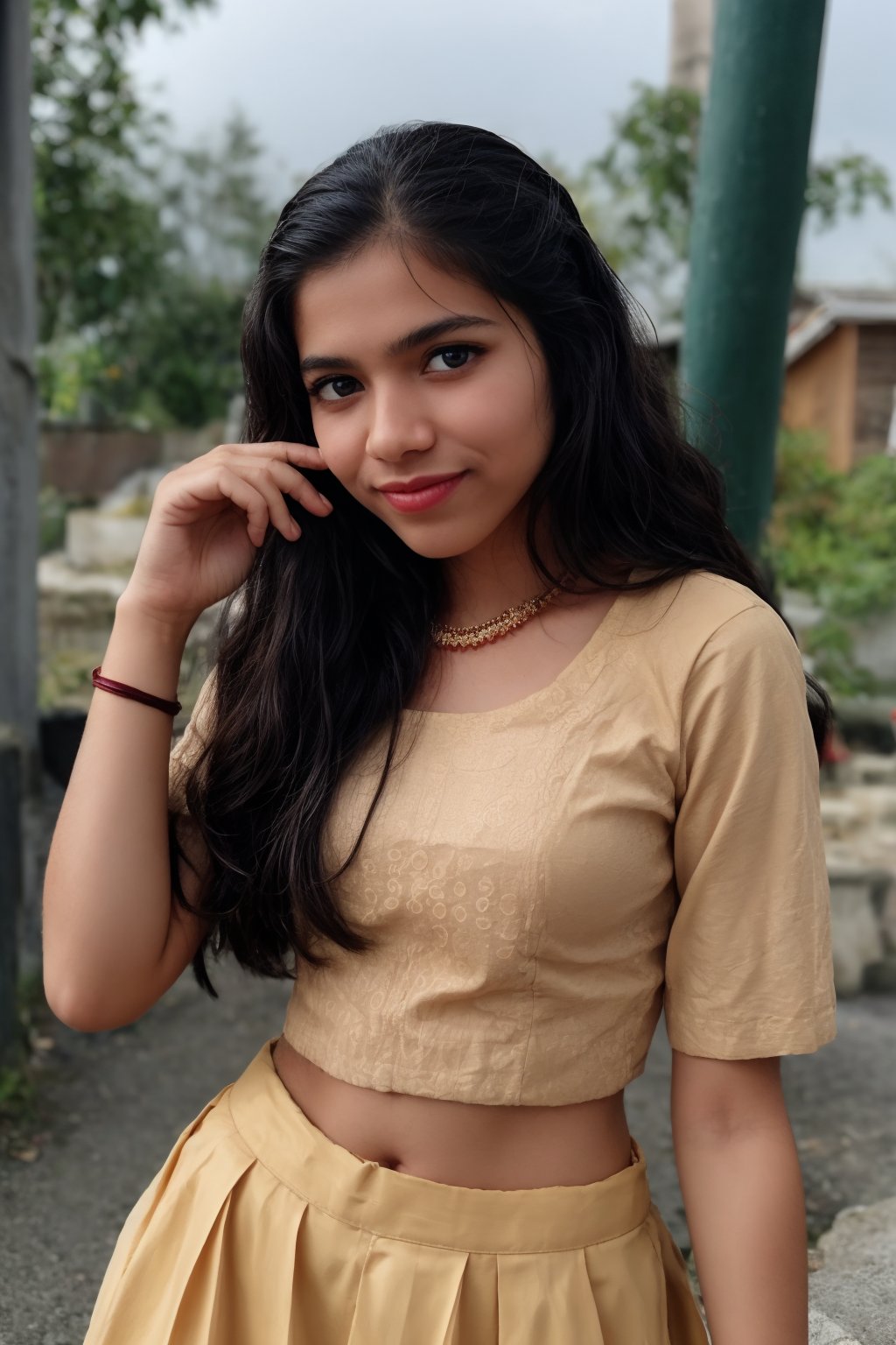 A stunning young woman poses confidently in a bright, sunlit room. She wears an ACMM SS outfit with a striking blue top adorned with intricate designs. The camera frames her from the chest up, highlighting her radiant smile and sparkling eyes. Soft, golden light illuminates her face, while the surrounding space is subtly blurred to emphasize her beauty.