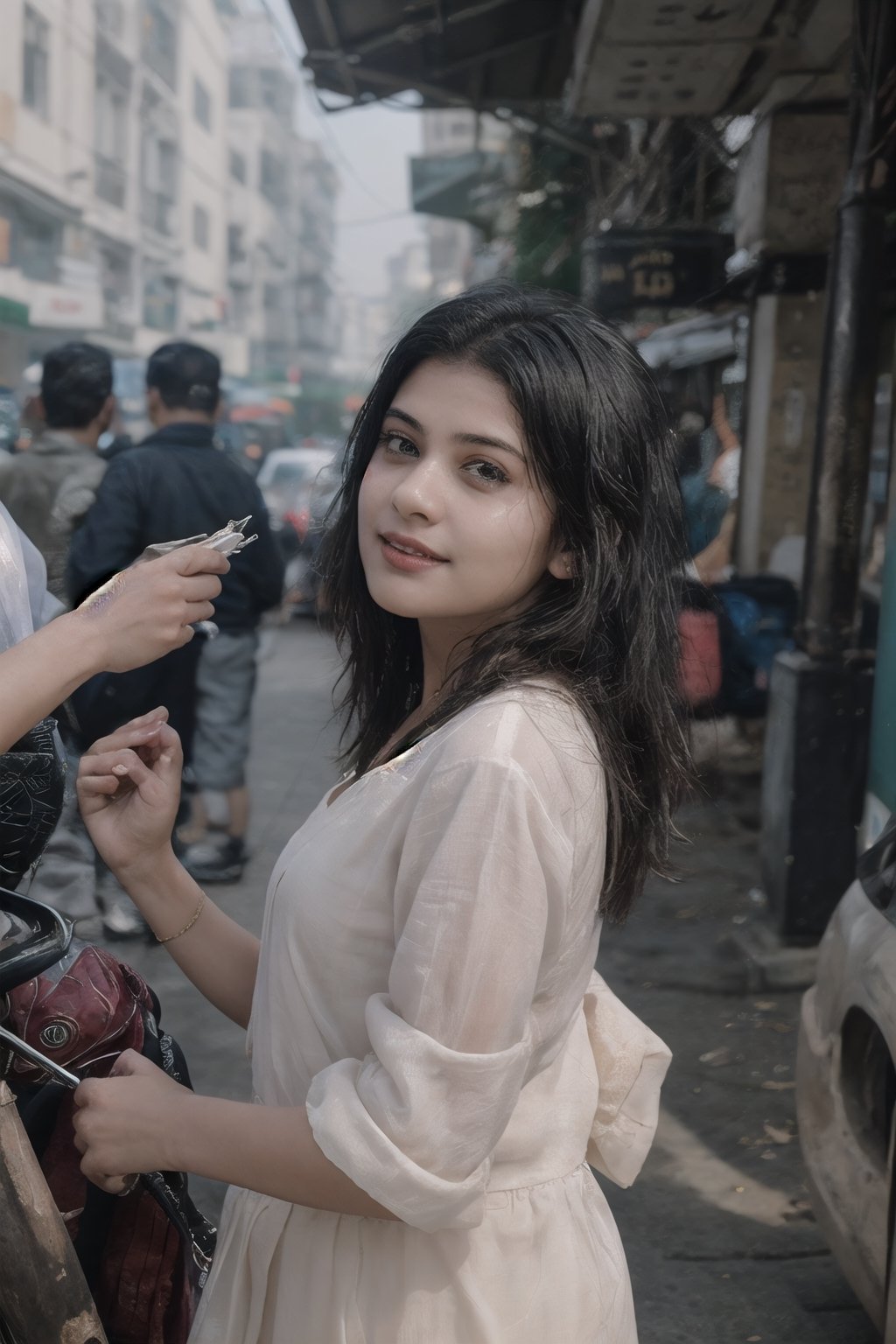 18yo girls road crossing, Crowd city, girls walking , bikes, car, Bus, busy cityCreate an realistic concept centered around a modern indian girl with fair skin with enchanting and timeless beauty. Her expressive eyes are windows to a world of emotion, her captivating smile leaves an indelible mark, and her flowing hair is a visual poetry. Explore how her gentle touch creates an aura that infuses every shared moment with a sense of destiny and magic. Develop the storyline, characters, and the world in which this enchanting girl exists, and let her presence be a driving force behind the themes and narrative. ,Realism, Mallugirl, Thrissur, Very crowded city,photorealistic,Mallu girl 