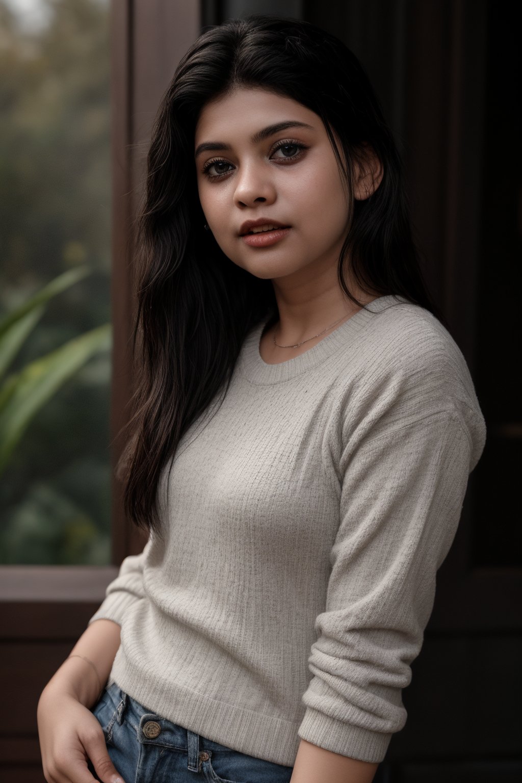 A serene portrait of a young girl with striking features. The shot is framed against a neutral background, allowing her to take center stage. Her long, raven-black hair cascades down her back in two delicate twin braids, which perfectly complement her piercing black eyes. A soft, cozy sweater adorns her torso, adding a touch of warmth to the overall mood. Her lips are painted with a subtle shade that adds a hint of sweetness to her enigmatic expression. The lighting is gentle and natural, casting a flattering glow on her porcelain skin.