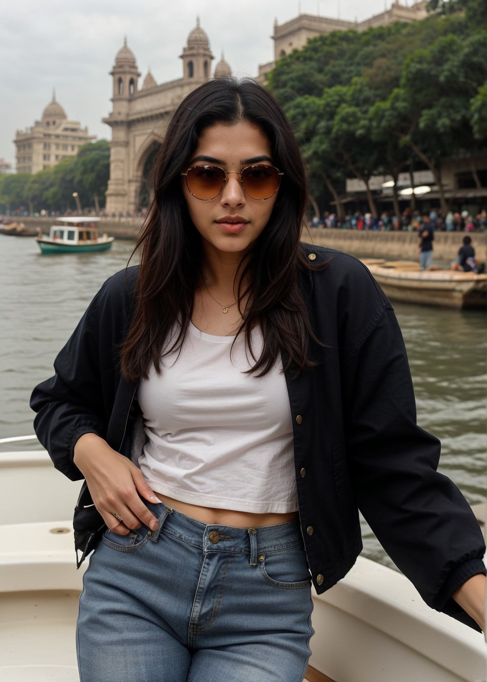  Lovely cute  acute an Instagram model 22 years old, full-length, long black_hair, black hair,  with full view of gateway of india mumbai, in a boat wearing jeans, blue top and denik jacket, sunglasses on eyes decent clothes, peoples around .