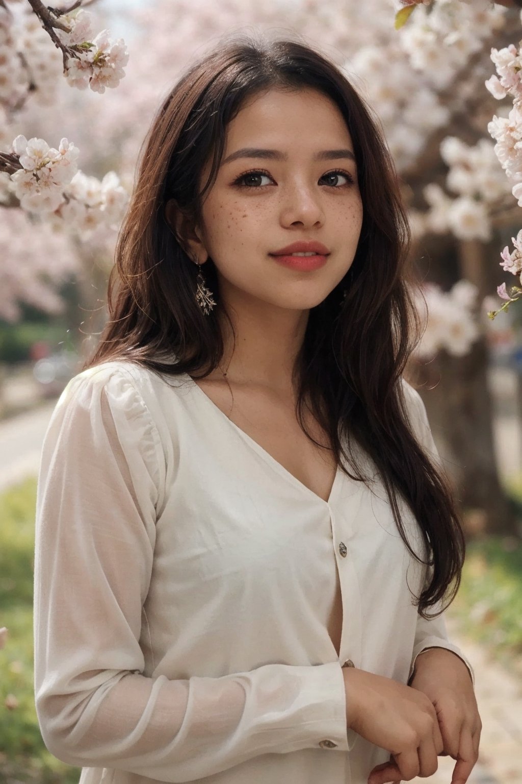 1girl, solo, realistic wet skin, light particle, long hair, looking at viewer, brown hair, jewelry, green eyes, upper body, flower, outdoors, parted lips, day, blurry, lips, petals, depth of field, facial mark, cherry blossoms, wind, freckles, nose, branch, Energy light particle mecha,Light particle,slim fit,Light particles and spark,Mallu