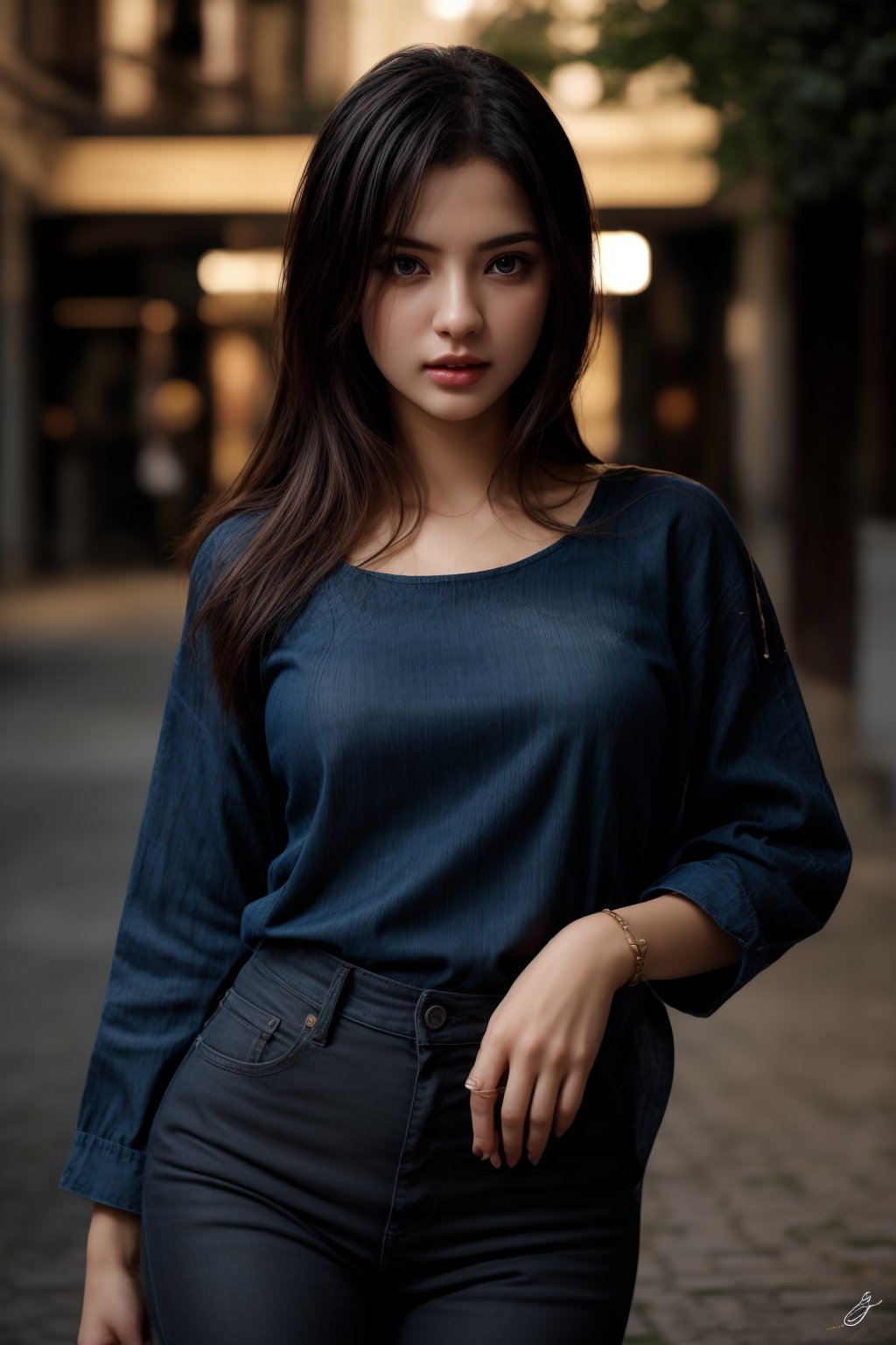 pretty 1girl, long straight black hair, wearing denim cover all fashion, super high quality, real images, lifelike, real skin, soft lighting, Cinematic, (Surrealism: 1.2), (8K UHD: 1.2), (Photorealism: 1.2), Shot with medium format camera, Professional camera, Perfectly Delicate and Rich in Detail, (masterpiece, top quality, best quality, official art, beautiful and aesthetic:1.2), (((1girl))), dynamic pose, extreme detailed,Big bearsts