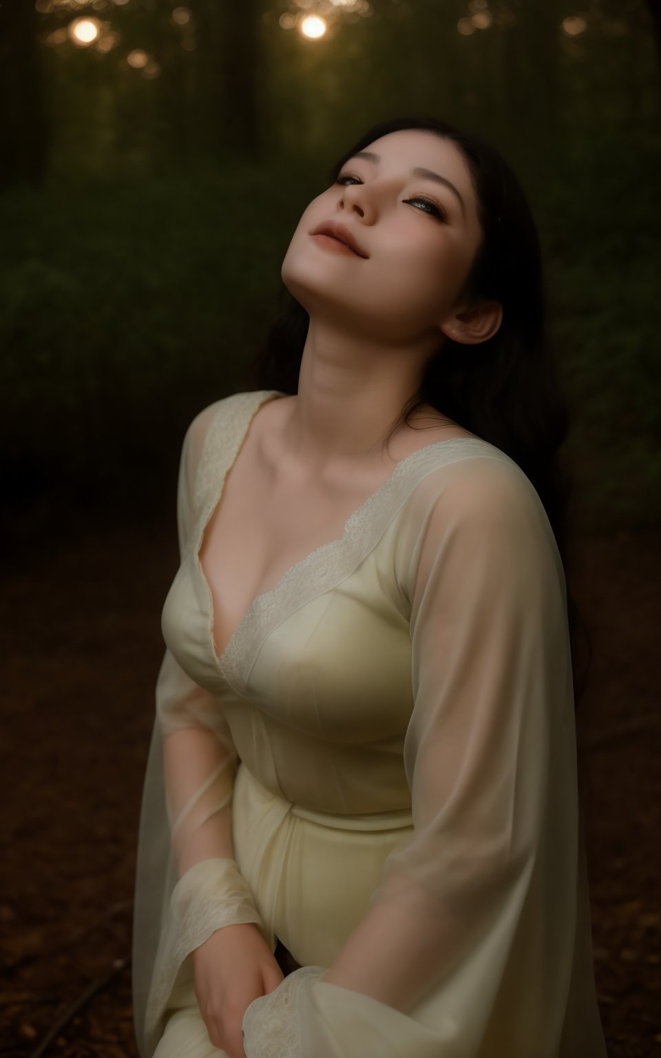 A majestic woman sprawls across the forest floor, bathed in the soft glow of moonlight. The camera's overhead gaze captures her entire form, as if suspended in mid-air. Her porcelain skin glows with an ethereal luminescence, while the darkness surrounding her accentuates her features. A few scattered leaves and twigs frame her serene expression, their gentle rustling creating a sense of intimacy. Her face, illuminated by a pale white light, radiates an otherworldly beauty.,realistic 