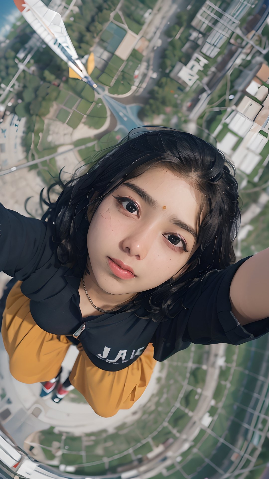 (masterpiece), (best quality), (ultra-detailed),  (a mallu girl on his way), (((Soaring in the sky:1.5))), overexposure, bokeh,Eyes looking up from 45 degrees below, flying, Riding on an open parachute,((open parachute1.2)), (View looking up at 45 degrees from below1.2) ,15yo,Detailedface