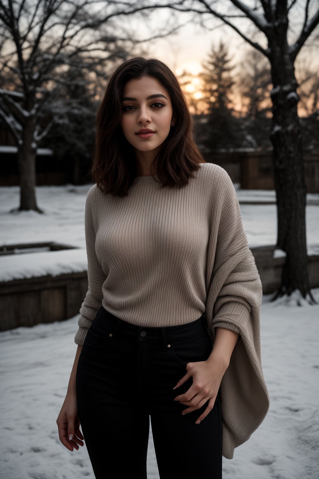 Here is a prompt that combines the inputs:

Editorial medium full body shot portrait of a breathtaking winter fashion model posing in a snow-covered park at dusk. The camera captures a hyper-realistic image with lifelike skin texture and exquisite details. The model, with her shapely figure and flirty smile, wears a vibrant yellow blouse that pops against the crisp white blanket of snow and sleek black jeans. She strikes an elegant pose amidst snow- Laden trees and frozen flower beds, her breath visible in the chilly air. The fading winter light casts a subtle Rembrandt lighting effect, with warm tones and soft shadows. The background features intricate details and textures, creating a stunning contrast with the model's warmth and radiance. Extremely detailed ultra-high-quality RAW image with cinematic composition, capturing every aspect of this masterpiece.