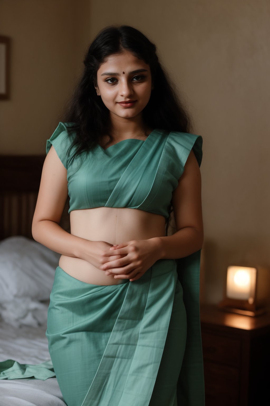 A stunning 25-year-old woman with short hair and double eyelids sits serenely in a dimly lit bedroom, her pale skin glistening with subtle sheen. Glossy blue eyes lock onto the camera, surrounded by delicate facial features. Her hands gently cover her chest, where wet oil hair cascades down her navel. A traditional mallu ornaments-adorned saree flows effortlessly around her, under a 35mm lens capturing every intricate detail.