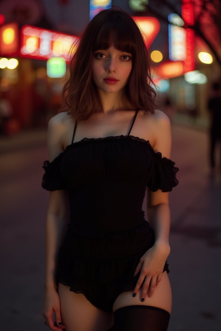 sandrine girl, 15 years old. Dark brown hair. Professional photo, outdoors, evening, city street corner,red light district,  looking at viewer, parted lips, excessive makeup. Wearing a short off-shoulders black dress and thighhighs. Shallow depth of field. Bokeh