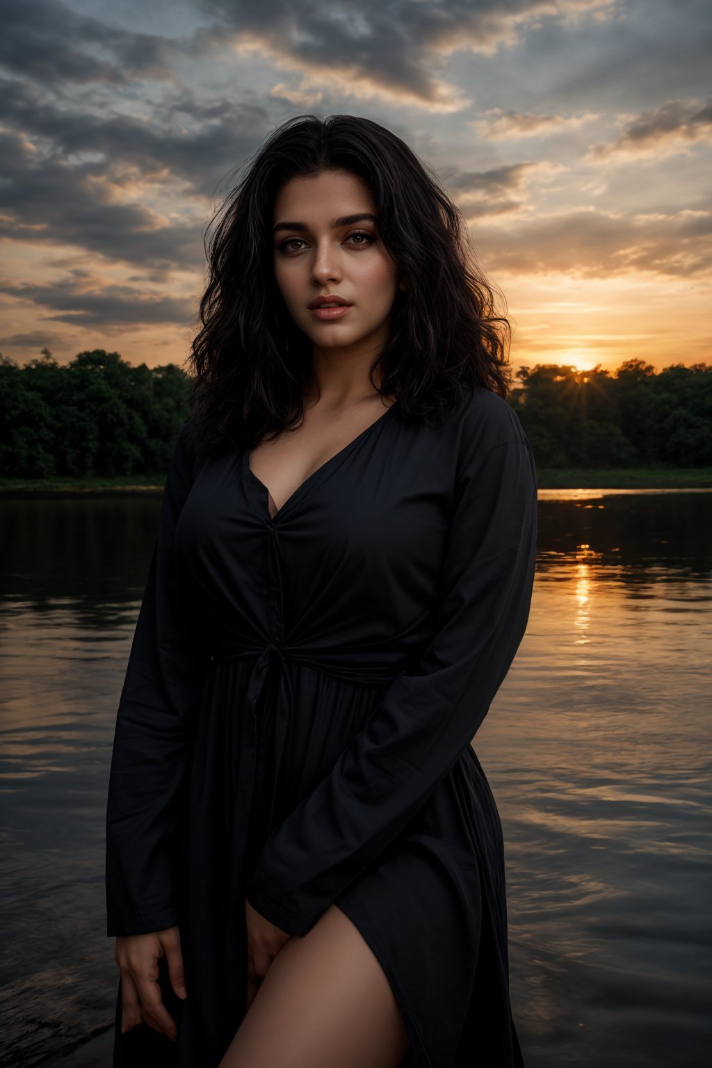 Best work, (Best quality, ,HDR, 8k, 32k, raw photo, photorealistic, UHD:1.2), beautiful 20 year old girl in long black dress at the lakeside in a forest, eyes, blue hair, detailed face, perfect face, pond, dark sky, lights in the background, realism, red sky, detailed sky, realistic clouds, sun, bright environment, late afternoon, sun rays in the clouds