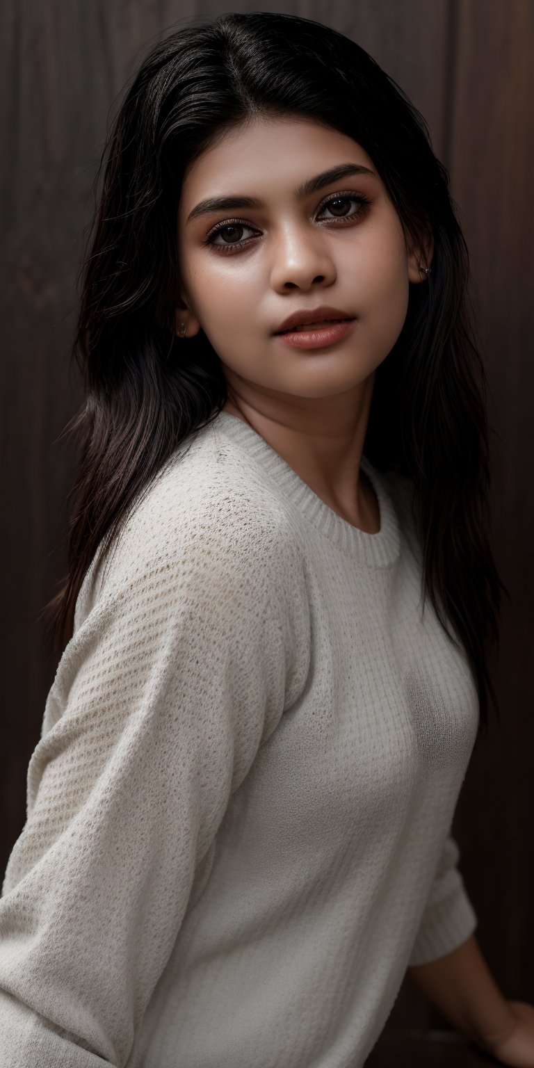 A serene portrait of a young girl with striking features. The shot is framed against a neutral background, allowing her to take center stage. Her long, raven-black hair cascades down her back in two delicate twin braids, which perfectly complement her piercing black eyes. A soft, cozy sweater adorns her torso, adding a touch of warmth to the overall mood. Her lips are painted with a subtle shade that adds a hint of sweetness to her enigmatic expression. The lighting is gentle and natural, casting a flattering glow on her porcelain skin.