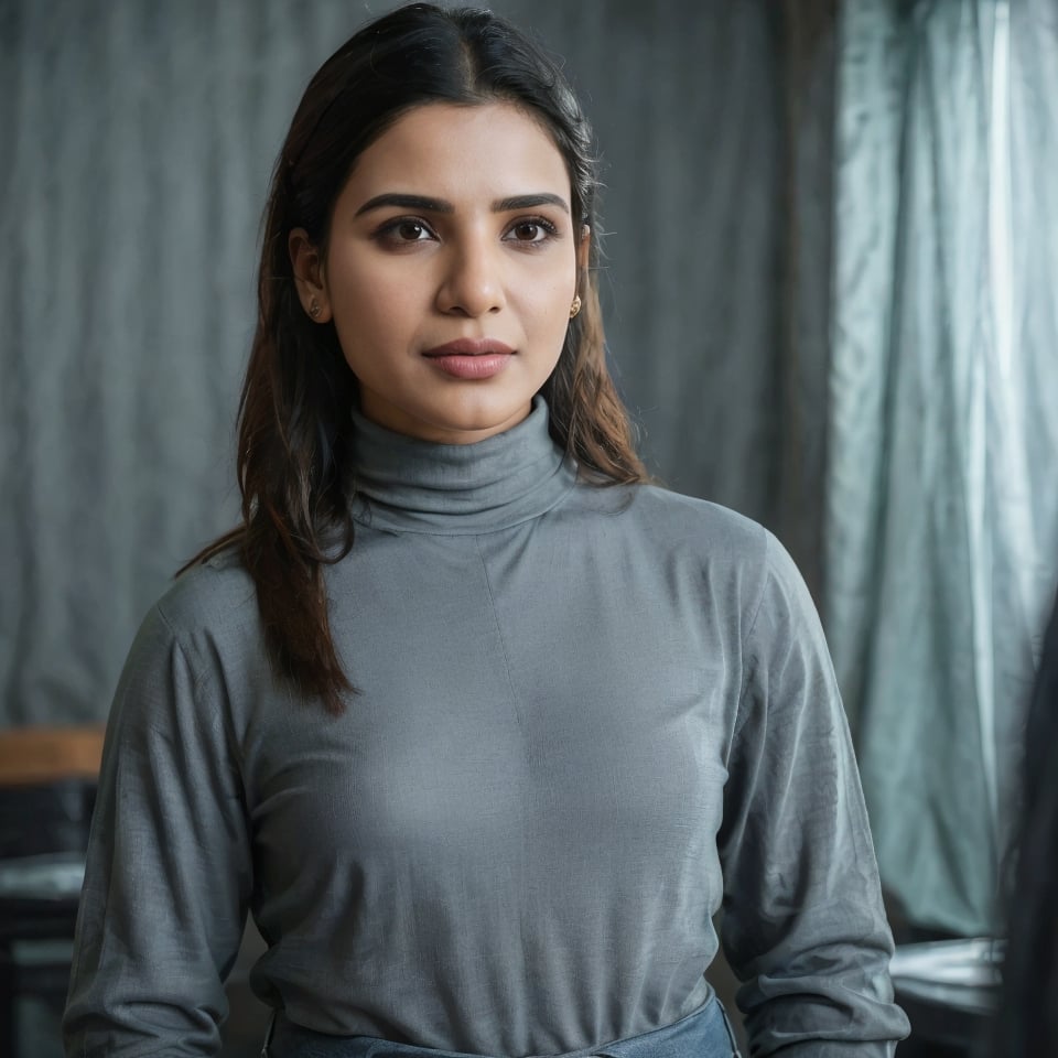 Samantha Ruth Prabhu:1.2),  turtleneck, jeans, photography, trending on artstation, sharp focus, studio photo, intricate details, highly detailed, by greg rutkowski ,Realism