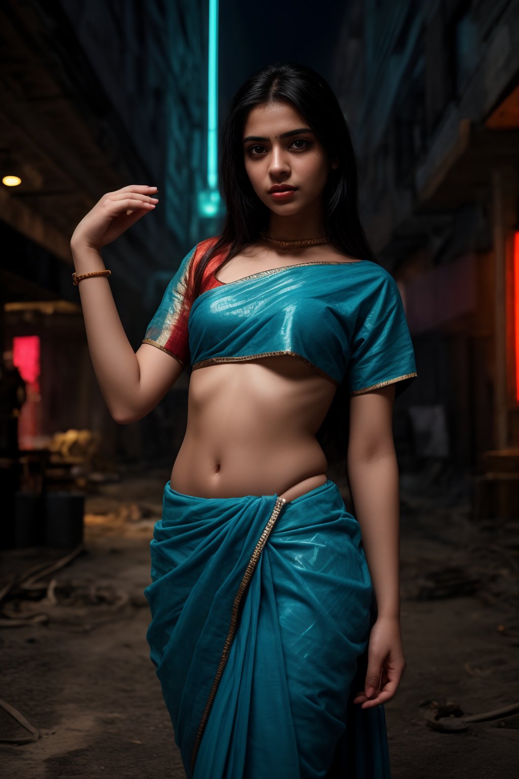 In a neon-drenched cyberpunk world, a stunning 20-year-old woman wears  saree fully covered, navel covered with transparent saree  glistening under Tron-like lights.  as vibrant Matrix-inspired hues of electric blue and fiery orange dance across her features.,Saree 