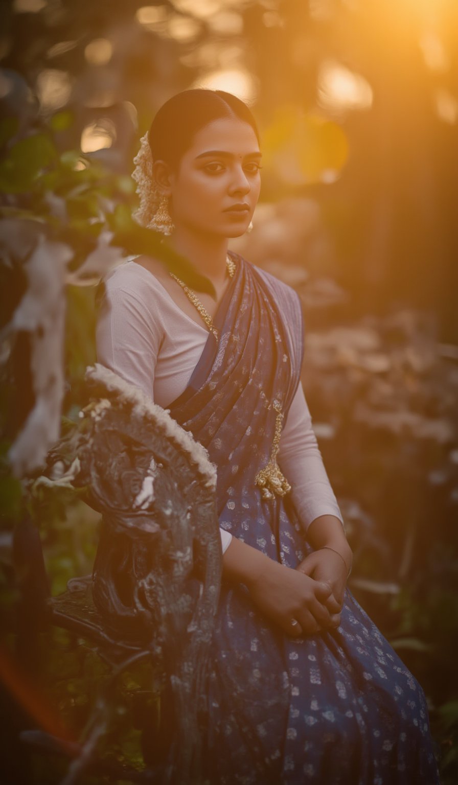 A serene portrait of Kalayani Priyadarshan: A warm golden light illuminates her gentle face, framed by a soft focus blurred background. She sits comfortably on a intricately carved wooden stool, her hands folded in her lap. Her eyes, like pools of calm water, gaze softly into the distance, radiating kindness and wisdom.,ആതിര 