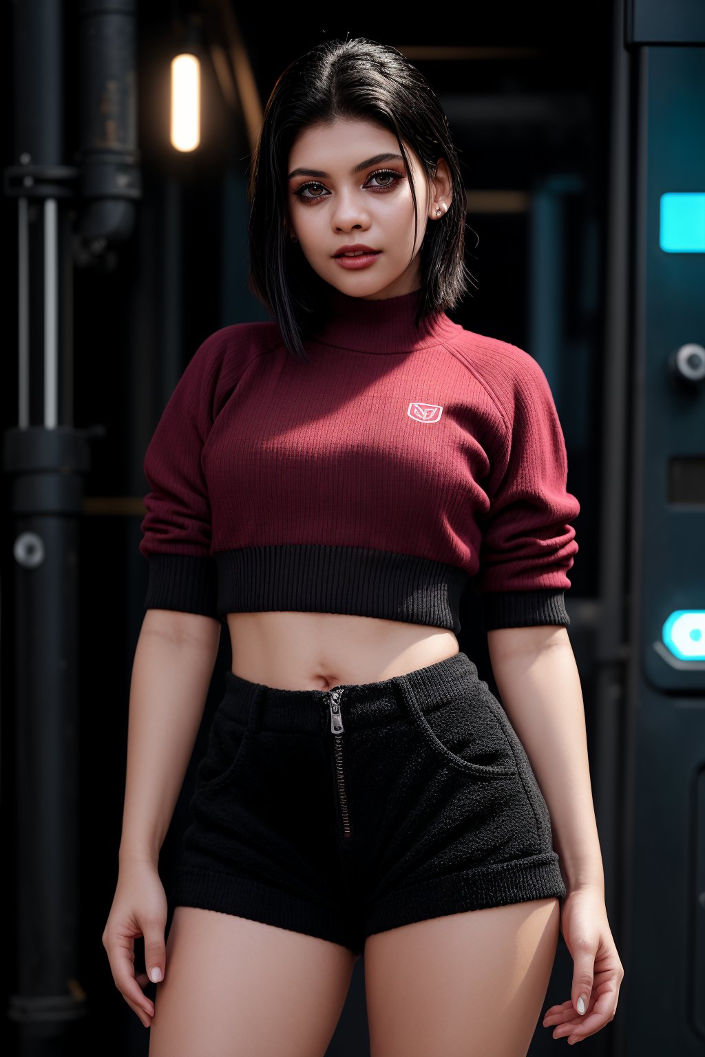 a beautiful female model, a beautiful young woman her striking red eyes and short black hair contrasting mechanically enhanced neck. She dons a black sweater adorned with white logos and text, while her black shorts are tucked into her intricate, detailed mechanical legs. The bold and striking appearance of the character is accentuated against a bright pink background, creating an immersive, cinematic experience that blends human and machine elements seamlessly within the cyberpunk aesthetic.