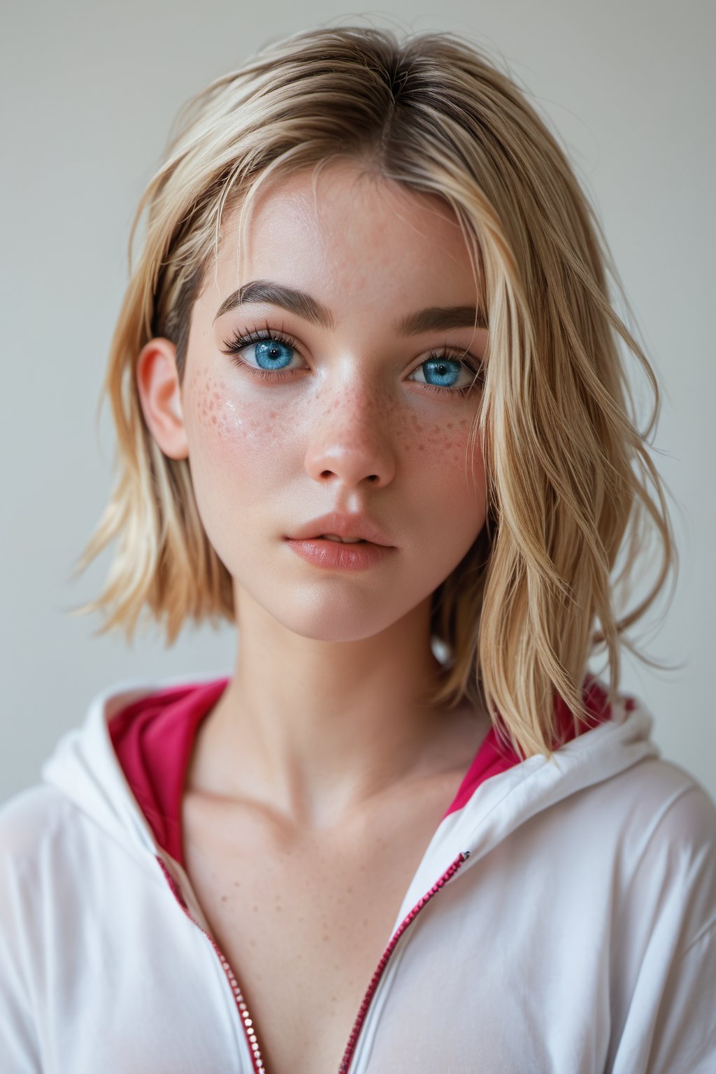 score_9, score_8_up, score_7_up, score_9, score_8_up, score_7_up, , spider-gwen,   blonde_hair, blue_eyes, realistic, photo, freckles,   blushed, unzipped,