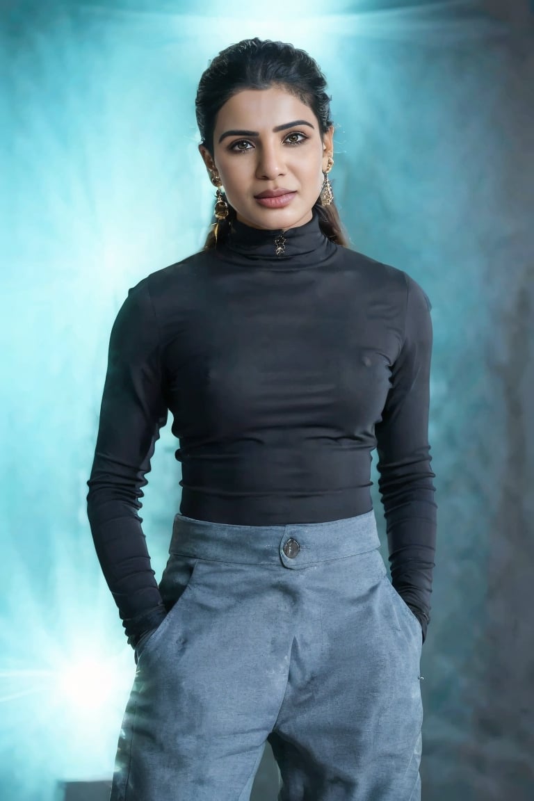 Samantha Ruth Prabhu:1.2),  turtleneck, jeans, photography, trending on artstation, sharp focus, studio photo, intricate details, highly detailed, by greg rutkowski ,Realism