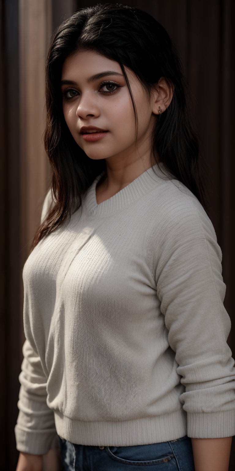 A serene portrait of a young girl with striking features. The shot is framed against a neutral background, allowing her to take center stage. Her long, raven-black hair cascades down her back in two delicate twin braids, which perfectly complement her piercing black eyes. A soft, cozy sweater adorns her torso, adding a touch of warmth to the overall mood. Her lips are painted with a subtle shade that adds a hint of sweetness to her enigmatic expression. The lighting is gentle and natural, casting a flattering glow on her porcelain skin.