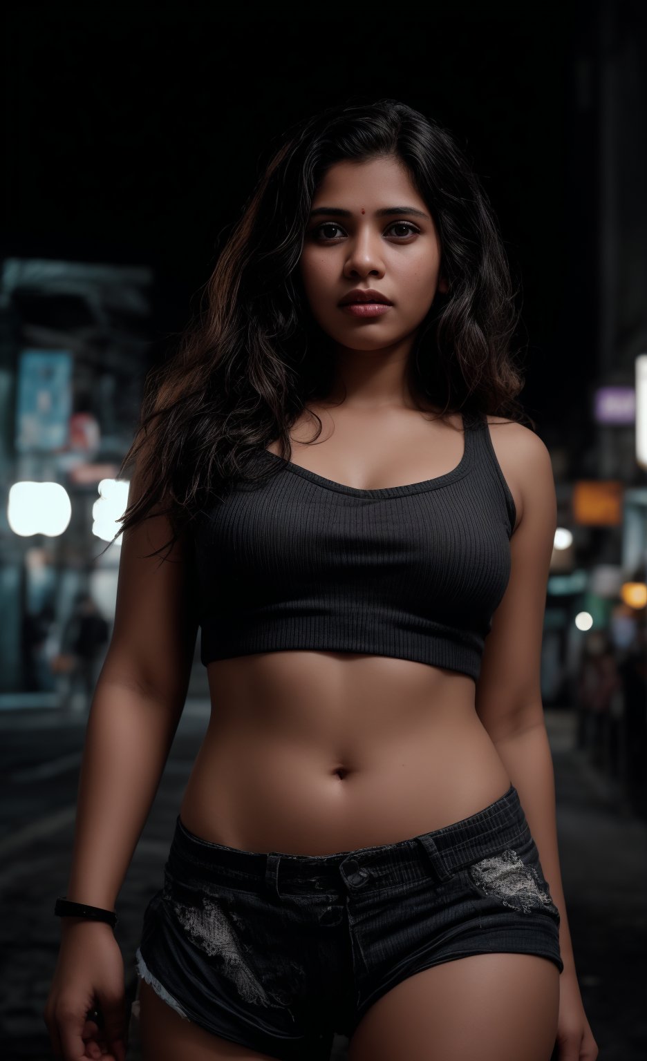 A striking Malayali woman in a cyberpunk-themed environment, captured in a realistic, high-definition photography style that mimics the quality of a Hollywood movie shot on a Sony Red cinematic camera. She is dressed in a futuristic outfit with sleek, metallic elements and neon accents, blending traditional beauty with a modern, edgy twist. Her short hair is styled to complement the cyberpunk aesthetic, perhaps with a bold color or sleek, asymmetrical cut. Midriff 

The setting is a neon-lit urban landscape, with towering buildings and holographic advertisements in the background. The scene is color graded in a strong teal and orange palette, enhancing the futuristic and dystopian atmosphere. Her face reflects determination and confidence, with dramatic lighting highlighting her features and casting dynamic shadows.

The camera angle and composition are cinematic, with a shallow depth of field that keeps the focus on the woman while subtly blurring the intricate details of the cyberpunk cityscape behind her. The overall image exudes a sense of gritty, futuristic elegance, combining the cultural elements of her Malayali heritage with the bold, high-tech world of cyberpunk.
