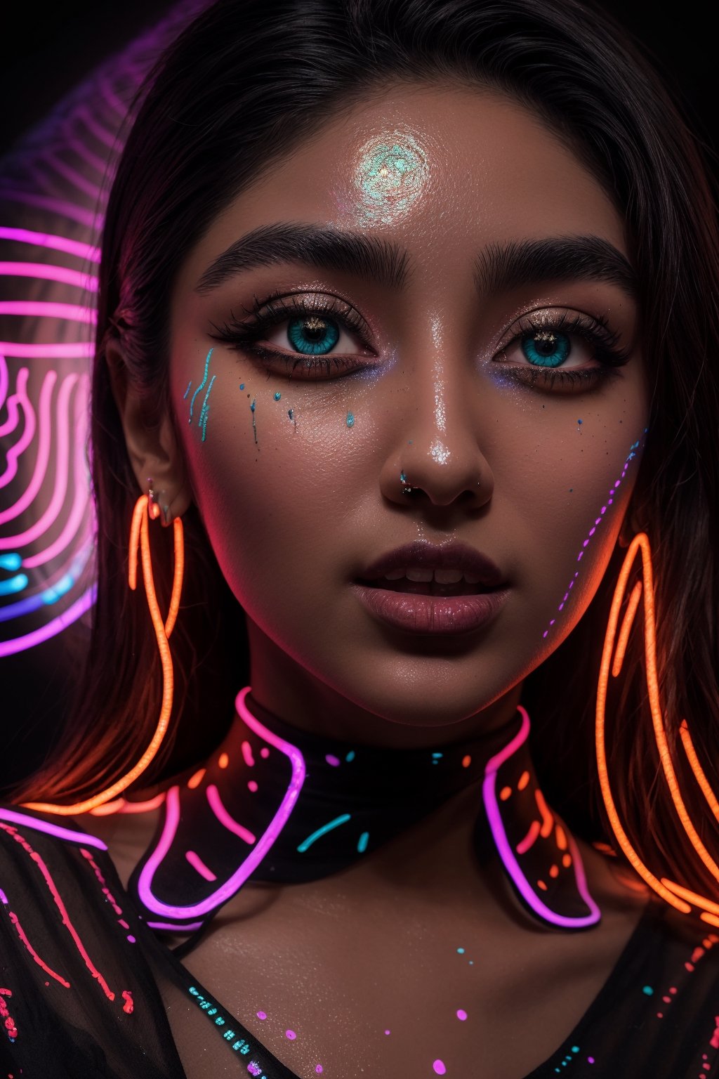((Beautiful women)), best quality,  8k,  ultra-detailed,  realistic:1.37,  vibrant colors,  vivid shading,  breathtaking portrait of an alien shapeshifter entity,  mesmerizing eyes,  intricate facial details,  otherworldly skin texture,  insane smile,  unnerving and intricate complexity,  surreal horror atmosphere,  dark shadows, ((( inverted neon rainbow drip paint)), ((( ethereal glow,  hypnotic energy, )))), transcendent beauty,  mystical aura,  octane render,,Realism,photorealistic,27yo women,Mallu