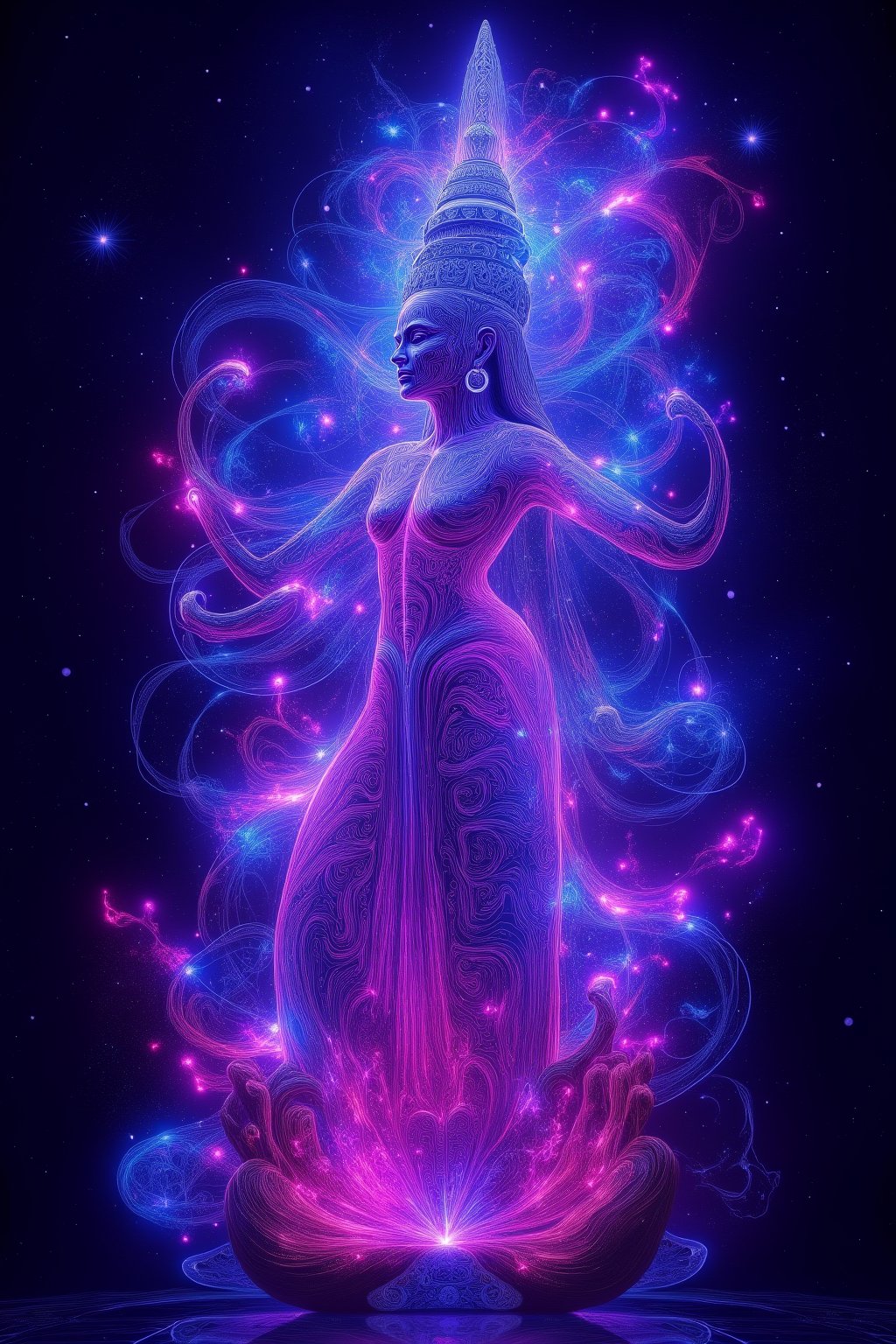 A cosmic depiction of Goddess Lakshmi, her body glowing with neon light and ultraviolet hues. Energy radiates from her divine form, showing a mix of rage and power. Surrounded by cosmic nebulae, her figure is illuminated in vibrant blues, purples, and pinks. She stands as a sensual, seductive Kamasutra goddess, her glowing, ethereal presence exuding divine sensuality and cosmic energy.
