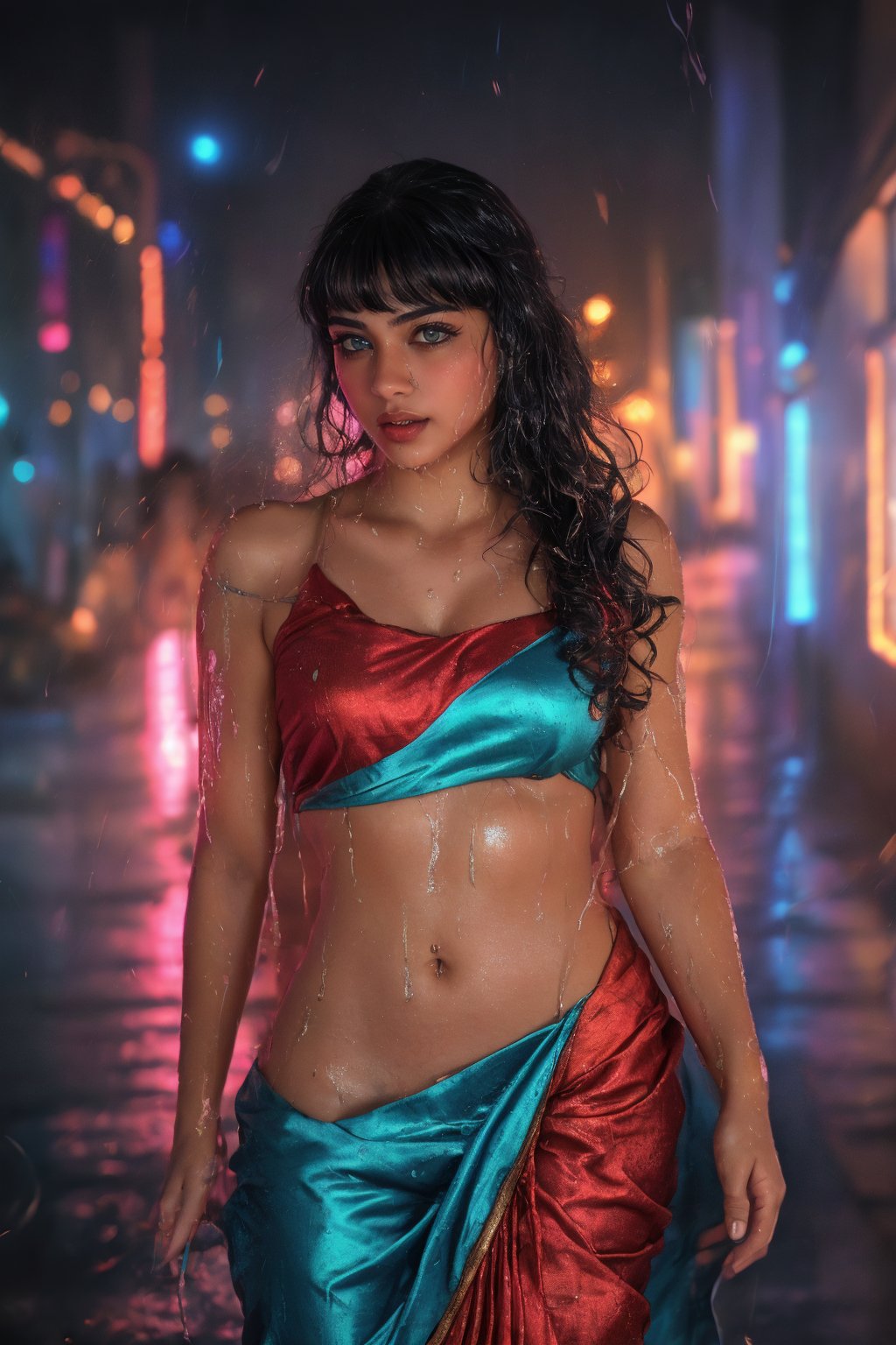 Heart_navel_cutout, Light particle spark, motion light, water drops, wet,Raw photo of (25yo Beautiful young woman:1.1) (best quality, highres, ultra-detailed:1.2), vibrant colors, glowing dimond, glowing eyes, realistic Raw photo, realistic lighting, traditional Red saree,  exotic beauty, mesmerizing eyes, girl,slim fit,Curly hair women,Mallu curly hair,Mallu,Light particle