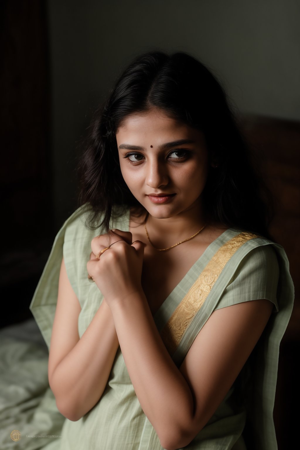 A stunning 25-year-old woman with short hair and double eyelids sits serenely in a dimly lit bedroom, her glowing skin glistening with subtle sheen. Glossy blue eyes lock onto the camera, surrounded by delicate facial features. Her hands gently cover her chest, where wet oil hair cascades down her navel. A traditional mallu ornaments-adorned saree flows effortlessly around her, under a 35mm lens capturing every intricate detail.dark theam:1, lower light, light only on subject, 