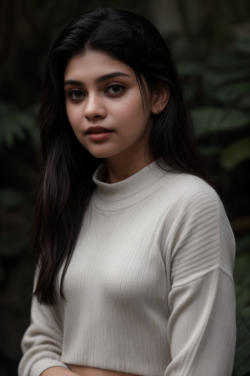 A serene portrait of a young girl with striking features. The shot is framed against a neutral background, allowing her to take center stage. Her long, raven-black hair cascades down her back in two delicate twin braids, which perfectly complement her piercing black eyes. A soft, cozy sweater adorns her torso, adding a touch of warmth to the overall mood. Her lips are painted with a subtle shade that adds a hint of sweetness to her enigmatic expression. The lighting is gentle and natural, casting a flattering glow on her porcelain skin.