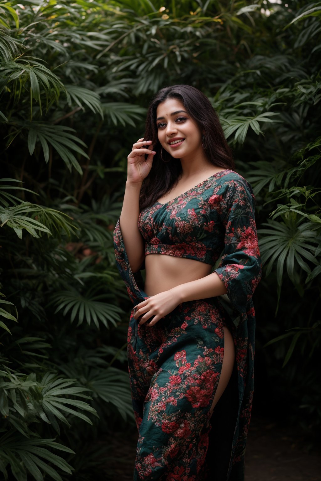 A stunning Kerala beauty poses in a lush botanical garden on a bright, sunny day. She wears a vibrant traditional embroidered dress adorned with intricate black, red, and green patterns, her Brown hair shining under the warm light. Her radiant smile captures the essence of joy as she stands amidst a tapestry of colorful flowers, the gentle breeze rustling the petals in harmony with her carefree laughter.