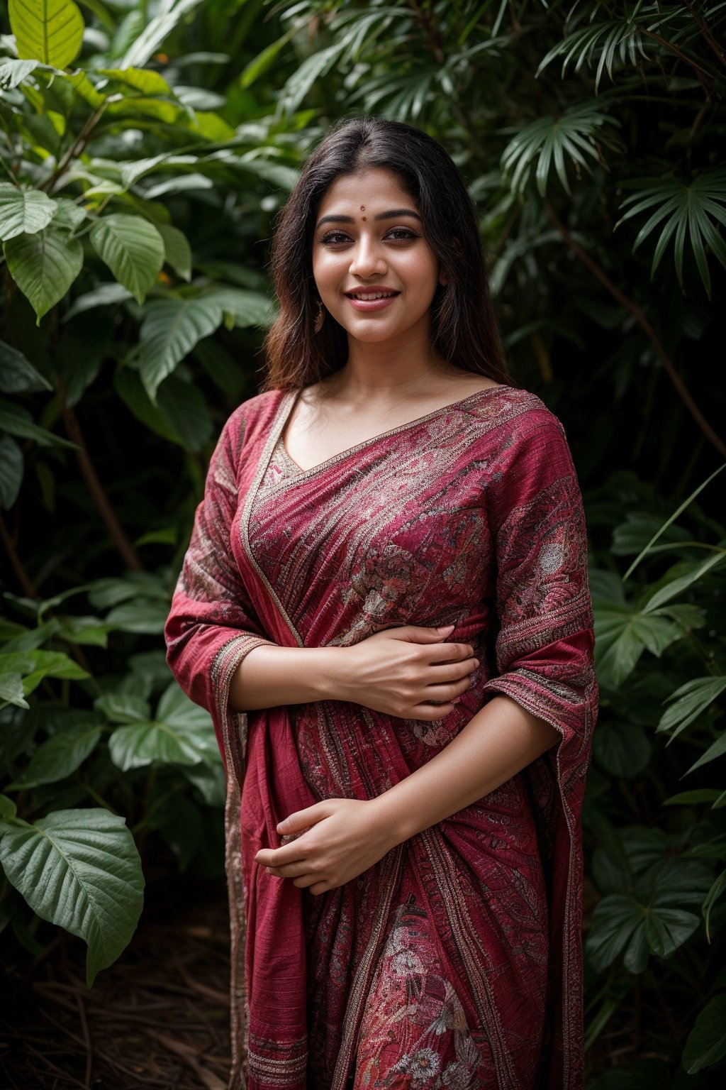 A stunning Kerala beauty poses in a lush botanical garden on a bright, sunny day. She wears a vibrant traditional embroidered dress adorned with intricate black, red, and green patterns, her blonde hair shining under the warm light. Her radiant smile captures the essence of joy as she stands amidst a tapestry of colorful flowers, the gentle breeze rustling the petals in harmony with her carefree laughter.