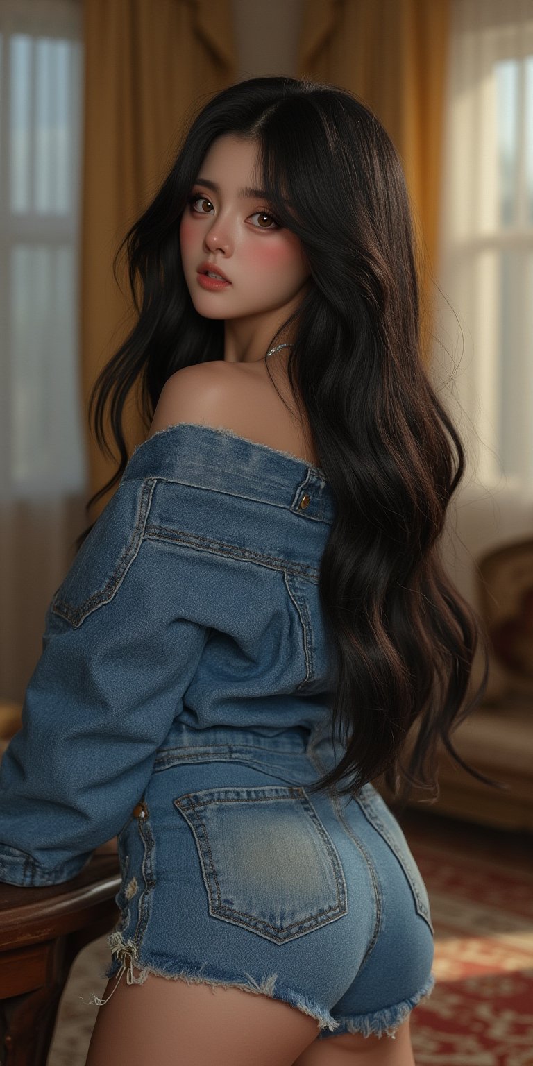 pretty 1girl, long straight black hair, wearing denim cover all fashion, super high quality, real images, lifelike, real skin, soft lighting, Cinematic, (Surrealism: 1.2), (8K UHD: 1.2), (Photorealism: 1.2), Shot with medium format camera, Professional camera, Perfectly Delicate and Rich in Detail, (masterpiece, top quality, best quality, official art, beautiful and aesthetic:1.2), (((1girl))), dynamic pose, extreme detailed,Big bearsts,Curvy plump women:1,  

 (RAW photo, best quality), (realistic, photo-Realistic:1.1), best quality, masterpiece, beautiful and aesthetic, 16K, (HDR:1.2), high contrast, (vibrant color:1.3), (muted colors, dim colors, soothing tones:0), cinematic lighting, ambient lighting, sidelighting, Exquisite details and textures, cinematic shot, Warm tone, (Bright and intense:1.1), wide shot, by xm887, ultra realistic illustration, siena natural ratio,	head to thigh portrait,	long Wave hair, 