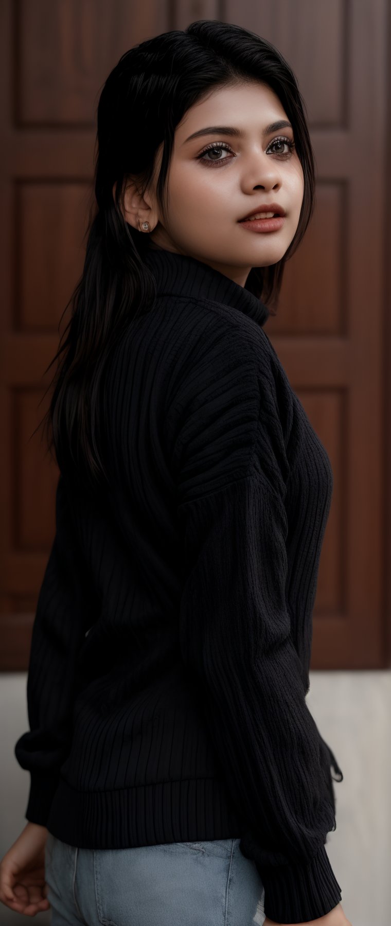 A serene portrait of a young girl with striking features. The shot is framed against a neutral background, allowing her to take center stage. Her long, raven-black hair cascades down her back in two delicate twin braids, which perfectly complement her piercing black eyes. A soft, cozy sweater adorns her torso, adding a touch of warmth to the overall mood. Her lips are painted with a subtle shade that adds a hint of sweetness to her enigmatic expression. The lighting is gentle and natural, casting a flattering glow on her porcelain skin.