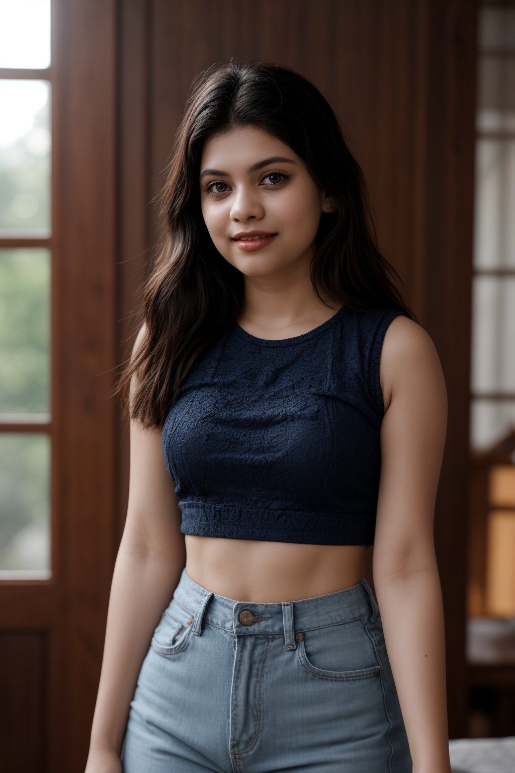 A stunning young woman poses confidently in a bright, sunlit room. She wears an ACMM SS outfit with a striking blue top adorned with intricate designs. The camera frames her from the chest up, highlighting her radiant smile and sparkling eyes. Soft, golden light illuminates her face, while the surrounding space is subtly blurred to emphasize her beauty.