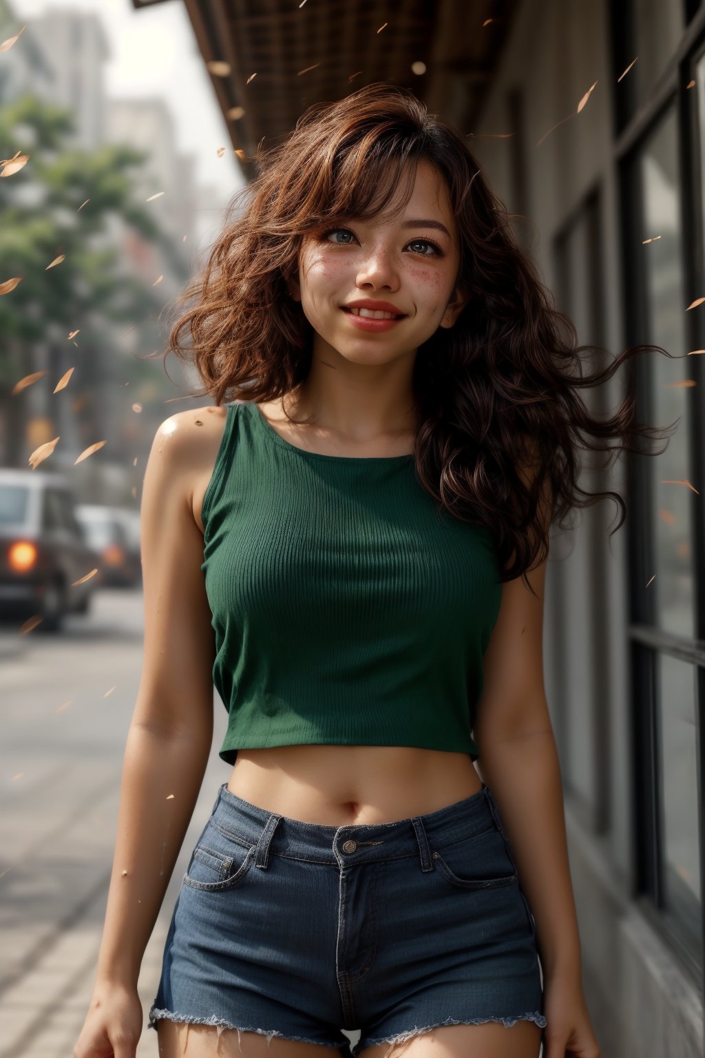 A young woman with long brown hair and bright green eyes stands confidently outdoors, her wet skin glistening in the sunlight. She wears short hot pants and a subtle upper body facial mark, her parted lips curled into a gentle smile. A delicate flower adorns her navel, its petals slightly blurred by the camera's focus on her captivating gaze. A few freckles scatter across her nose as she gazes directly at the viewer, her brown hair blowing gently in the wind. In the background, a branch reaches out, its slender limbs almost touching her shoulder. A slim fit energy light particle mecha hovers near her head, its sparks and particles dancing around her in shimmering harmony.