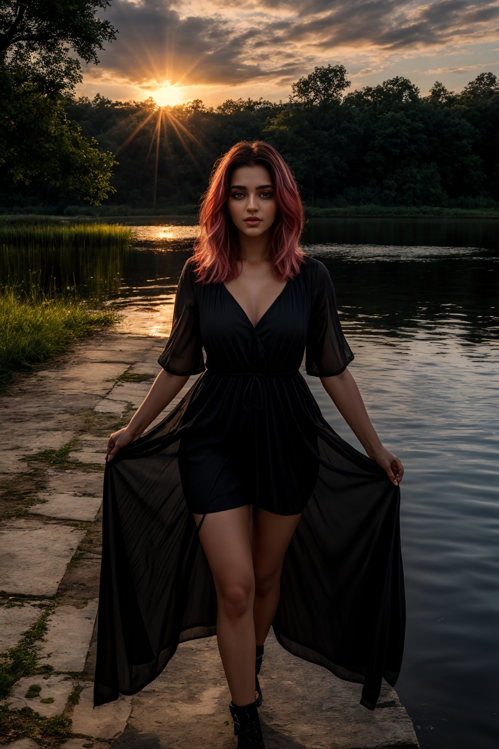 Best work, (Best quality, ,HDR, 8k, 32k, raw photo, photorealistic, UHD:1.2), beautiful 20 year old girl in long black dress at the lakeside in a forest, eyes, pink hair, detailed face, perfect face, pond, dark sky, lights in the background, realism, red sky, detailed sky, realistic clouds, sun, bright environment, late afternoon, sun rays in the clouds