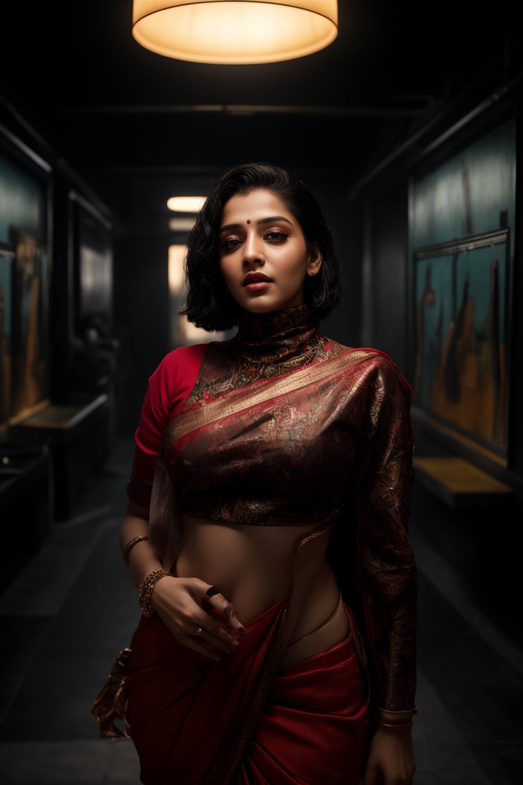 A stylish Mallu girl with a curvy, sexy figure poses confidently in a modern, non-traditional outfit adorned with traditional ornaments. She wears oversized, saree , patterned turtleneck that stands out against a teal and orange background, graded with cinematic color tones. The scene captures a complex, action-oriented pose reminiscent of cyberpunk themes from Blade Runner and The Matrix, set in a highly stylized, photorealistic CGI environment. The abstract, textured background adds a pop art flair with bold, vibrant colors, enhancing the modern, high-quality 32K masterpiece. Studio lighting accentuates every detail, bringing a mix of traditional elements and futuristic vibes together in this dynamic composition